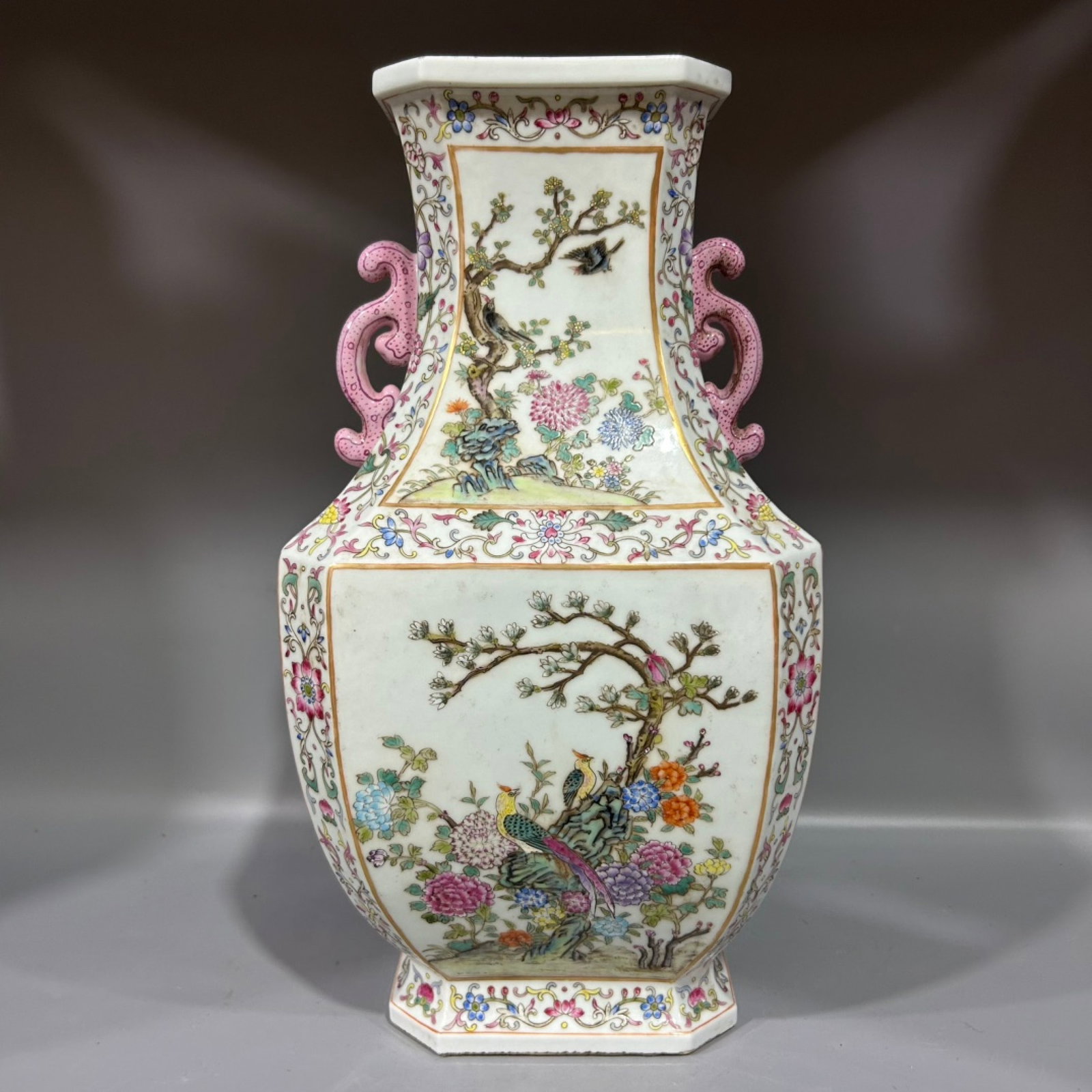 A Rare Famille-Rose Flower and Bird Pattern Double-Ears Vase: A Rare Famille-Rose Flower and Bird Pattern Double-Ears Vase,Qing Dynasty,China,Qianlong Six-character Mark,Size:8.3inx15.6in 粉彩花鸟纹双耳瓶,中&