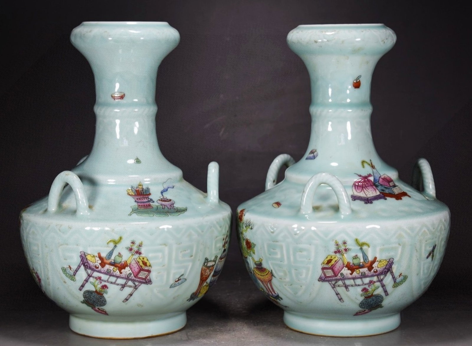 A Pair of Rare Sky Blue Glazed Famille-Rose Bogu Pattern Vases: A Pair of Rare Sky Blue Glazed Famille-Rose Bogu Pattern Vases,Qing Dynasty,China,Qianlong Six-character Mark,Size:13inx9.1in 一对天青釉粉彩博古&#