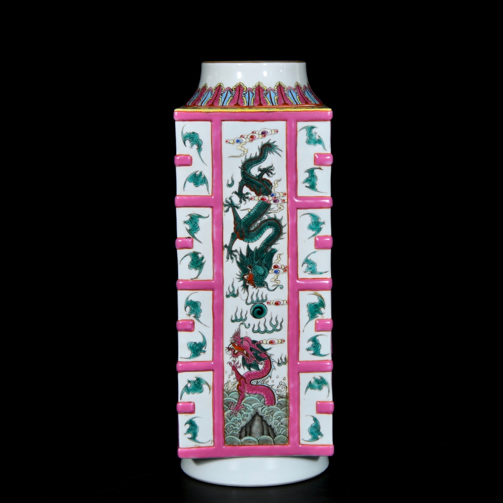 A Rare Enamel Bats and Dragon Pattern Vase: A Rare Enamel Bats and Dragon Pattern Vase,Qing Dynasty,China,Qianlong Six-character Mark,Size:14.6inx5.4in 珐琅彩蝙蝠龙纹瓶,中国清