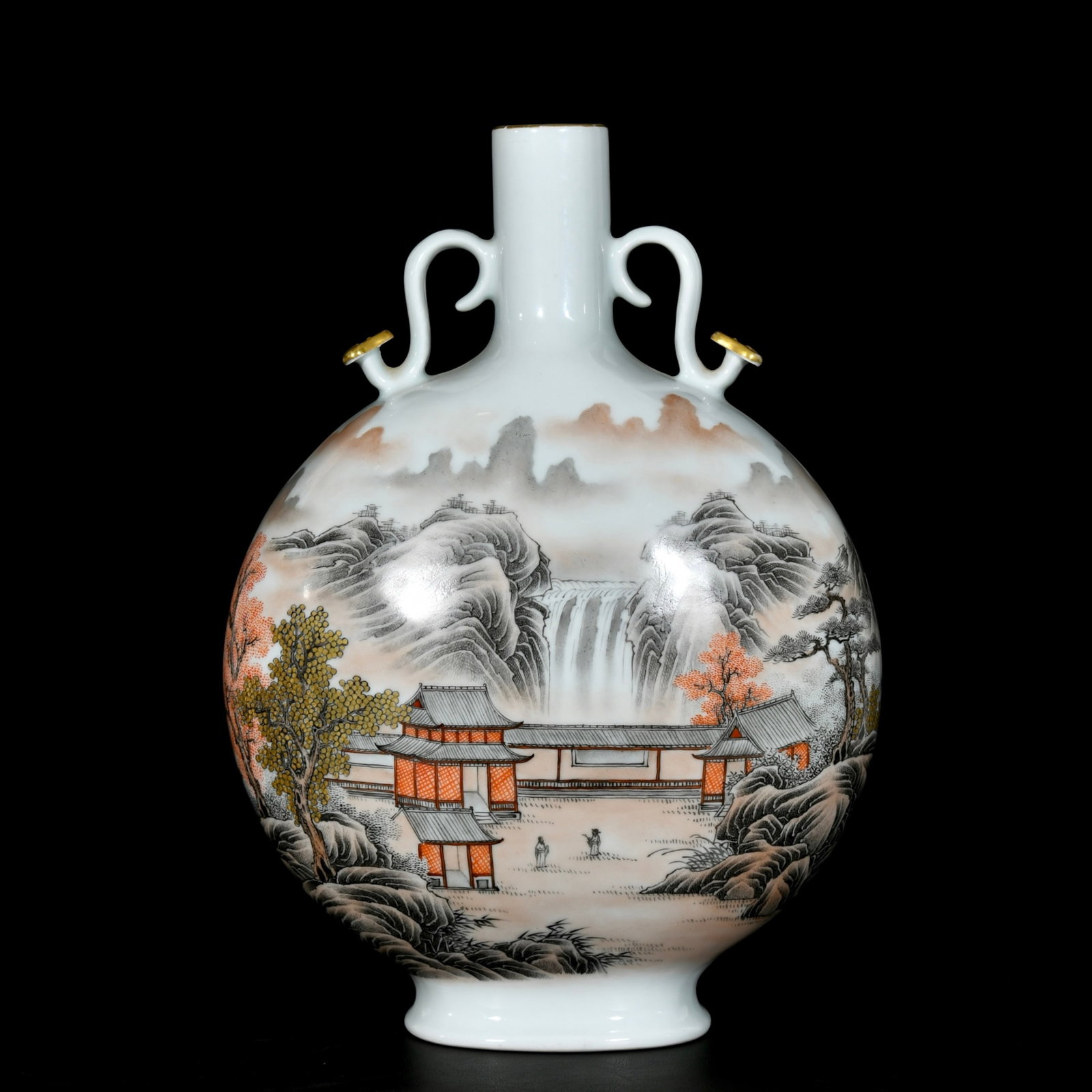 A Rare Ink Color Painted Gold Landscape and Figure Pattern Ruyi-Ears Vase,With Poem: A Rare Ink Color Painted Gold Landscape and Figure Pattern Ruyi-Ears Vase,With Poem,Qing Dynasty,China,Qianlong Six-character Mark,Size:13.4inx9.3in 墨彩描金山水