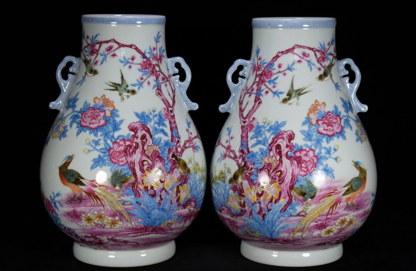 A Pair of Rare Ruby Red-Glazed Famille-Rose Flower and Bird Pattern Double-Ears Vases,With Poem: A Pair of Rare Ruby Red-Glazed Famille-Rose Flower and Bird Pattern Double-Ears Vases,With Poem,Qing Dynasty,China,Qianlong Six-character Mark,Size:11.8inx8.7in 一对胭脂红