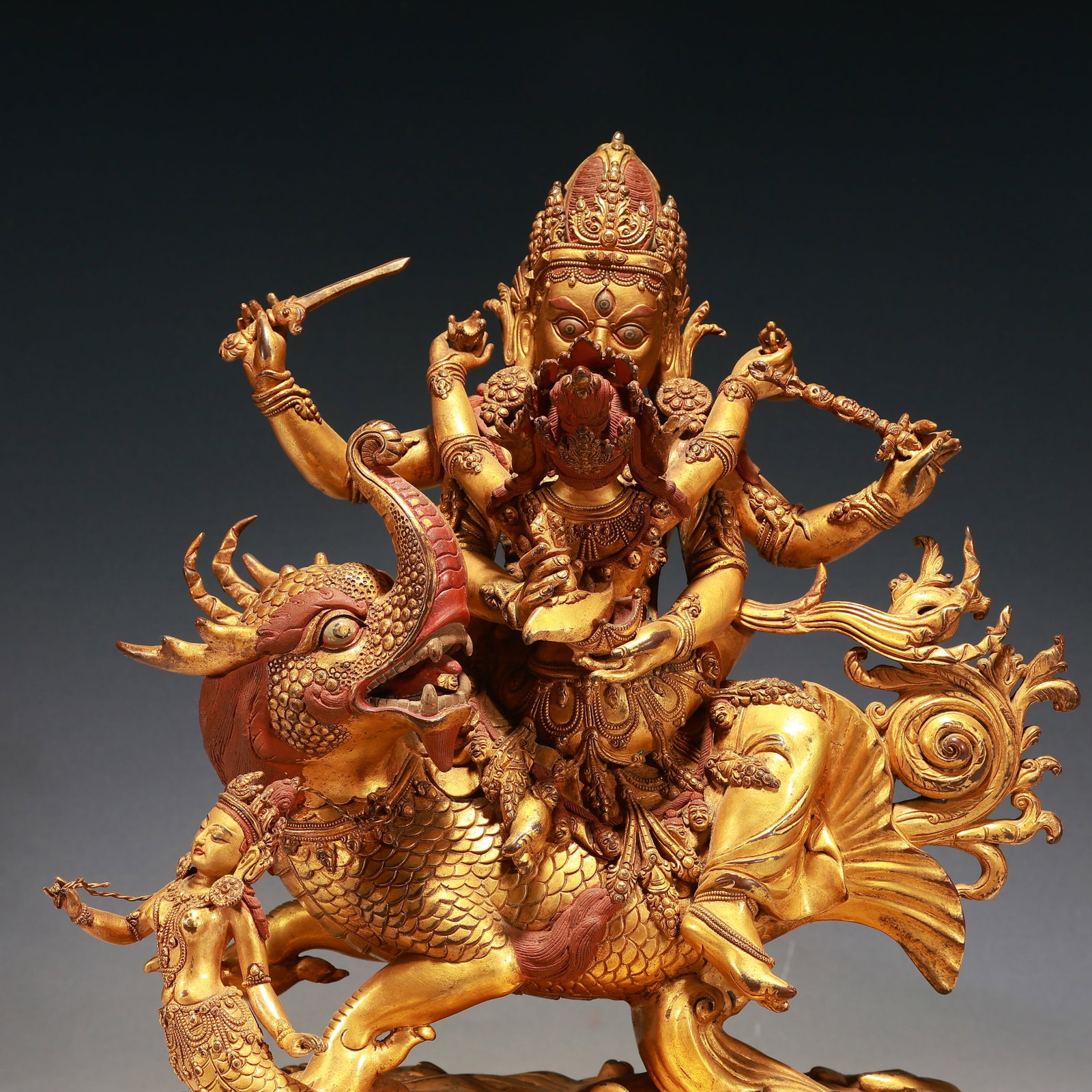 A Solemn Gilt Bronze Statue of Vajra Rides the Dragon - 2