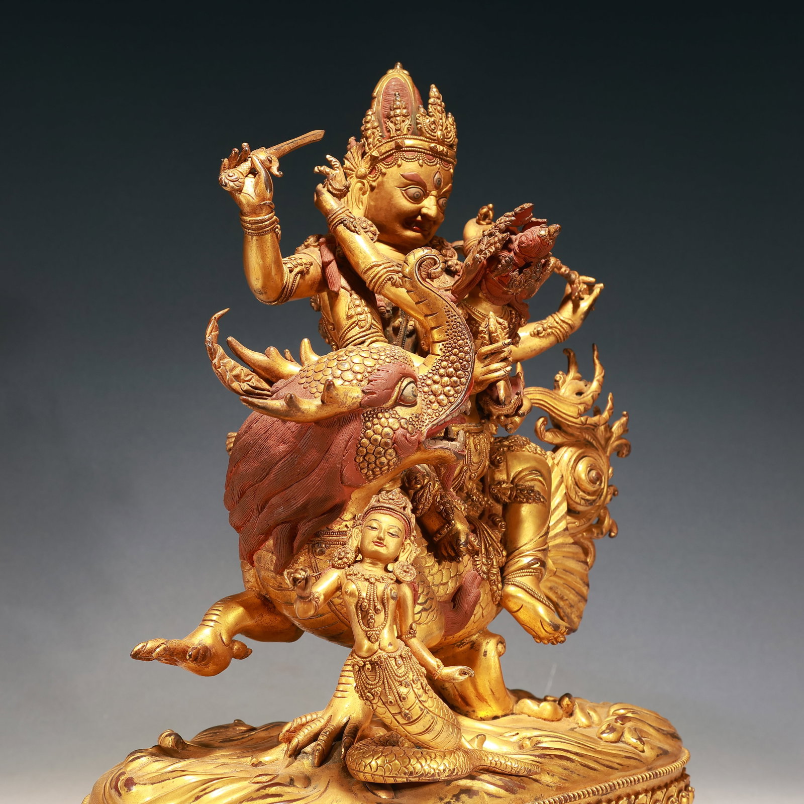 A Solemn Gilt Bronze Statue of Vajra Rides the Dragon - 8