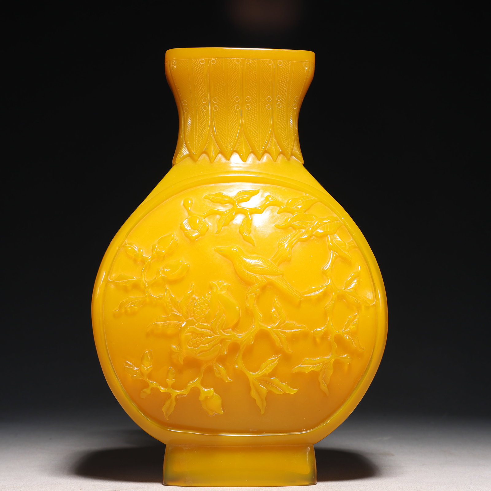 An Exquisite Glass Flower and Bird Pattern Vase: An Exquisite Glass Flower and Bird Pattern Vase,Qing Dynasty,China,With Mark,Size:6.3inx3.5inx9.8in 琉璃花鸟纹瓶,中国清代,带款