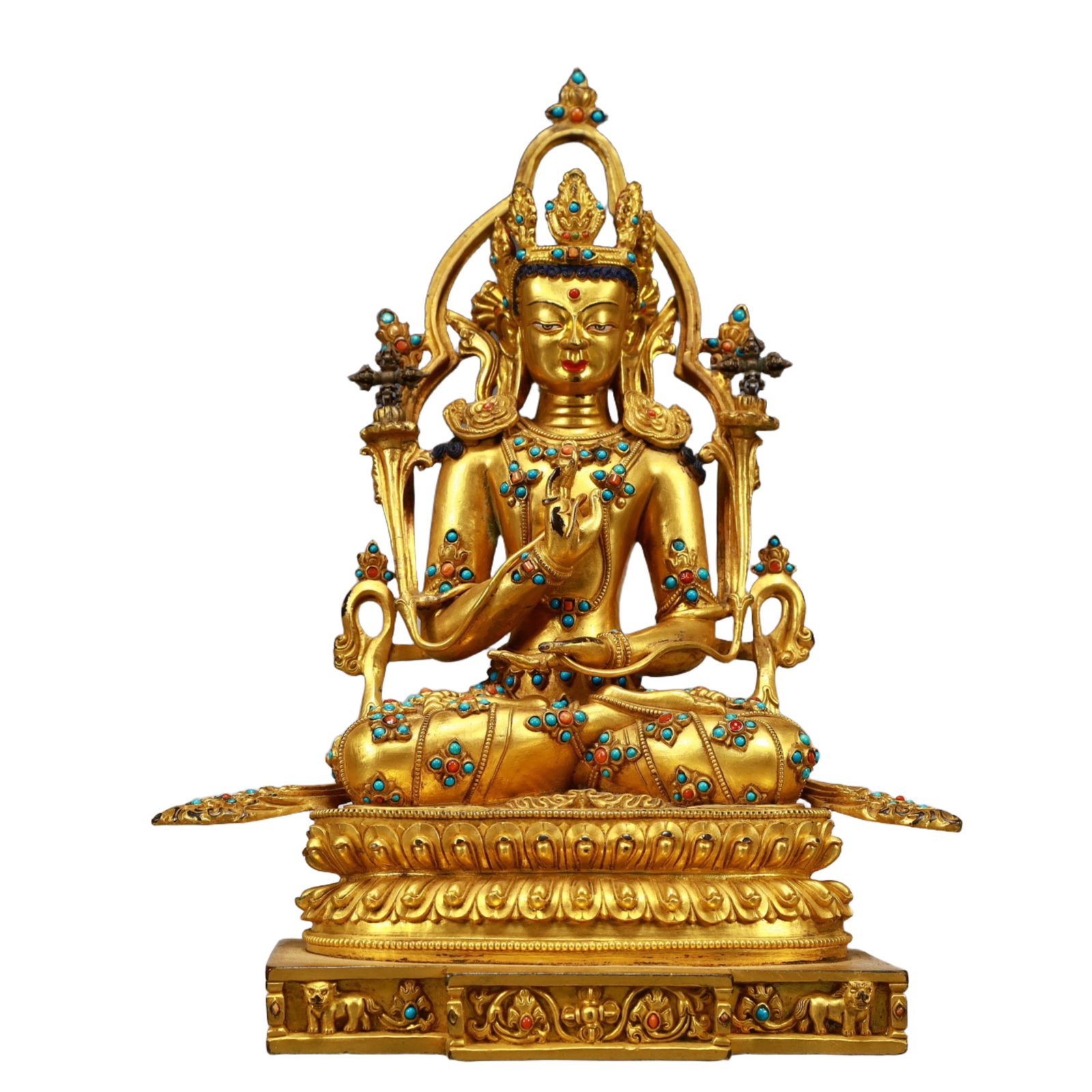 A Solemn Gilt Bronze Statue of Sakyamuni,Inlaid Turquoise: A Solemn Gilt Bronze Statue of Sakyamuni,Inlaid Turquoise,Ming Dynasty, China,Size:8.3inx8.9inx11in,Weight:3200g 铜鎏金不动如来佛像,嵌ಳ