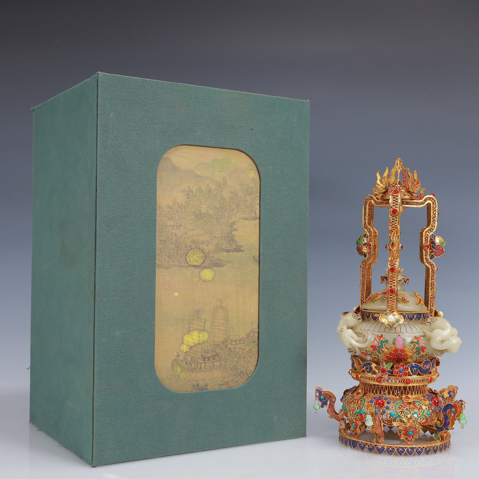 An Exquisite Filigree and Gilding Beast-Ears Censer,Inlaid Gems: An Exquisite Filigree and Gilding Beast-Ears Censer,Inlaid Gems,Qing Dynasty, China,Qianlong Four-Character Mark,Size:5.9inx11.8in,(Box)13.8inx9.1inx7.9in,Weight:1000g 花丝鎏金