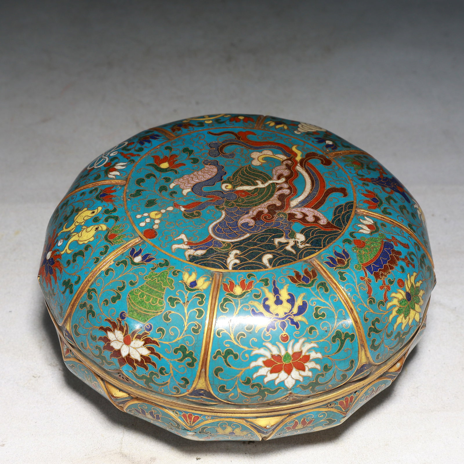 An Exquisite Cloisonne Lotus,Eight Treasures and Dragon Pattern Box with Cover: An Exquisite Cloisonne Lotus,Eight Treasures and Dragon Pattern Box with Cover,Ming Dynasty, China,Jingtai Four-character Mark,Size:7.1inx3.9in,Weight:1900g 景泰蓝缠枝