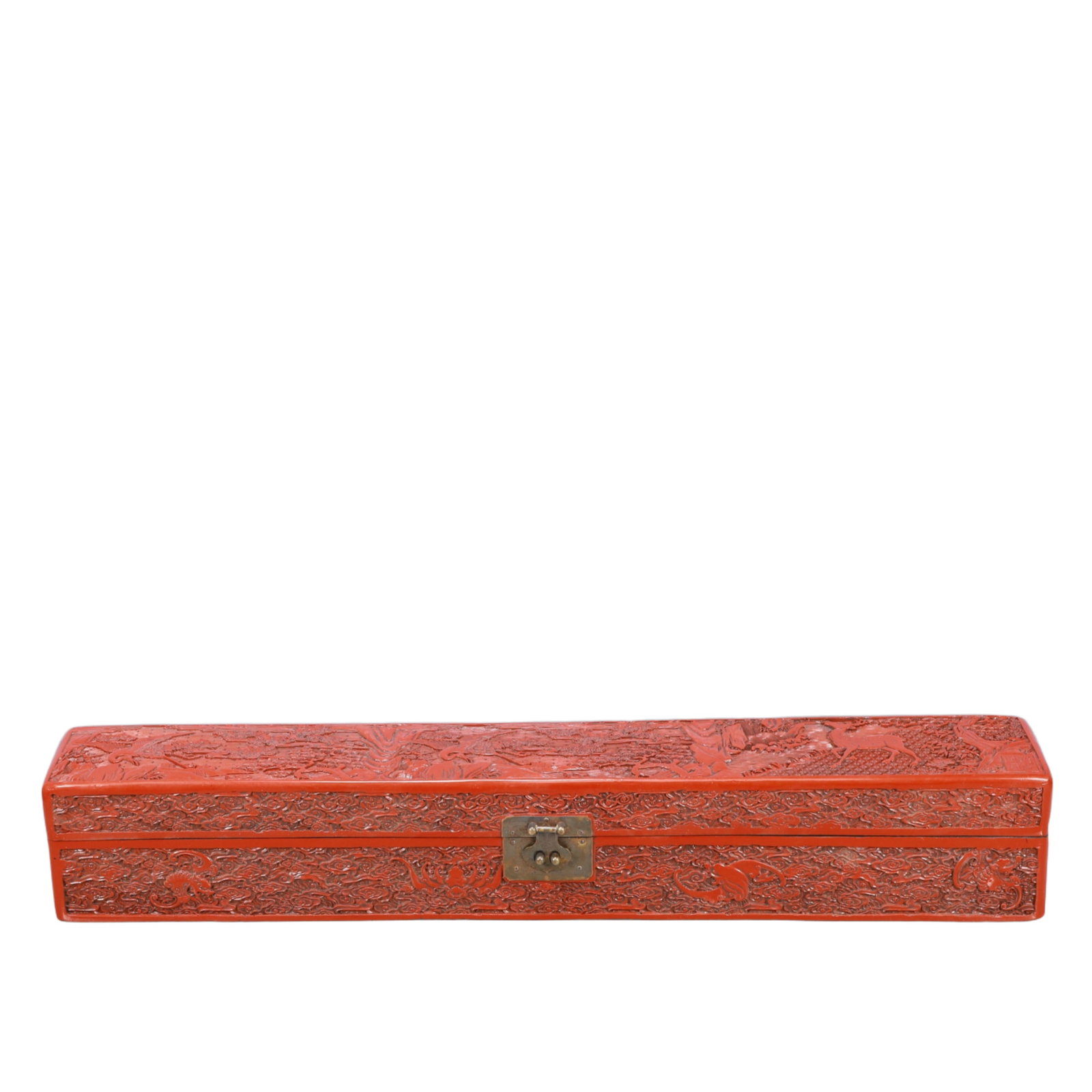 A Huge Carved Red Lacquer Deer and Crane Pattern Box: A Huge Carved Red Lacquer Deer and Crane Pattern Box,Qing Dynasty, China,Qianlong Six-character Mark,Size:28.5inx4.1inx4.5in,Weight:3550g 剔红漆器鹿鹤纹௡