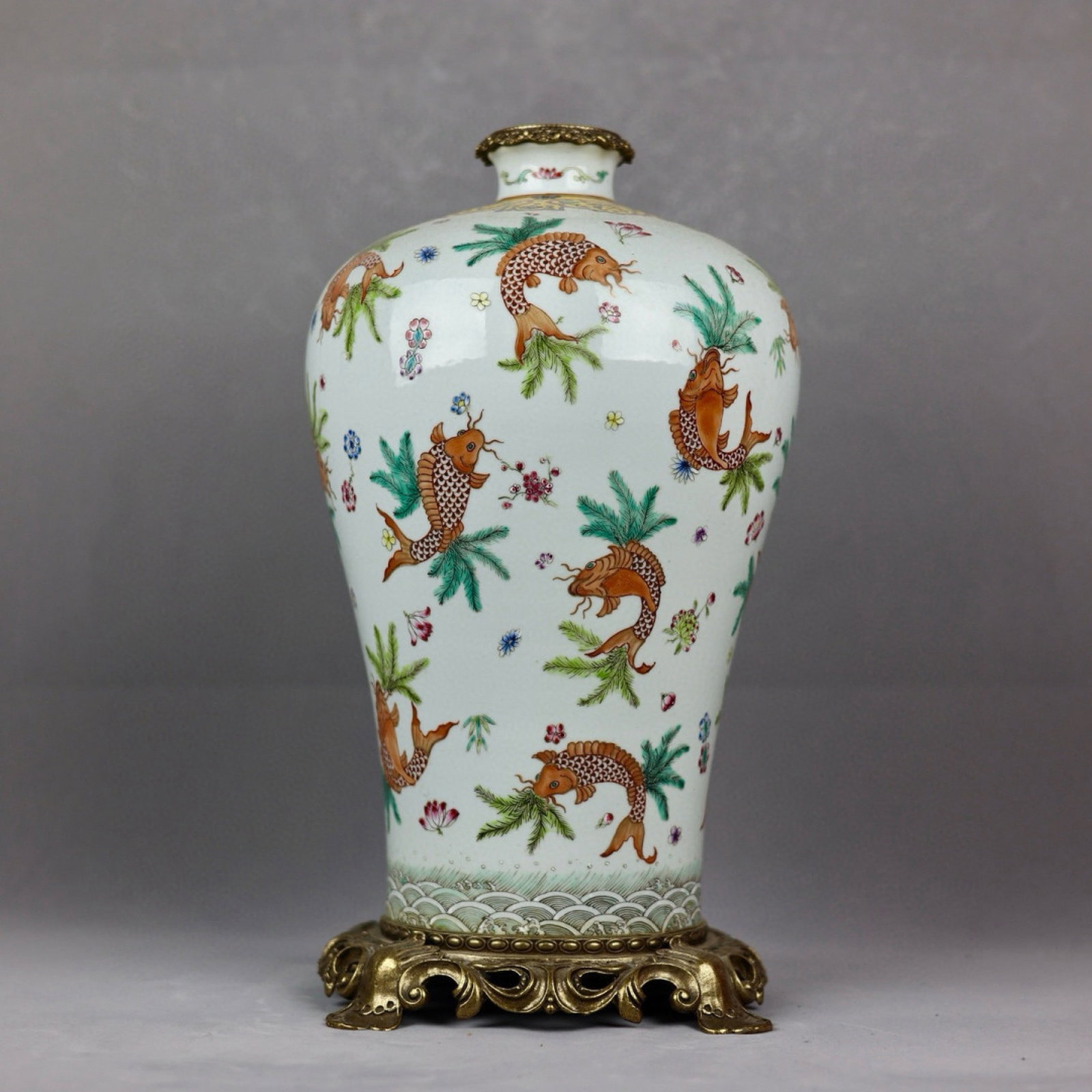 A Huge Famille-Rose Inlaid Bronze Hornwort Pattern Vase: A Huge Famille-Rose Inlaid Bronze Hornwort Pattern Vase,Qing Dynasty,China,Jiaqing Six-character Mark,Size:16.9inx2.8inx8.3inx7.9in 粉彩镶铜鱼藻纹瓶,