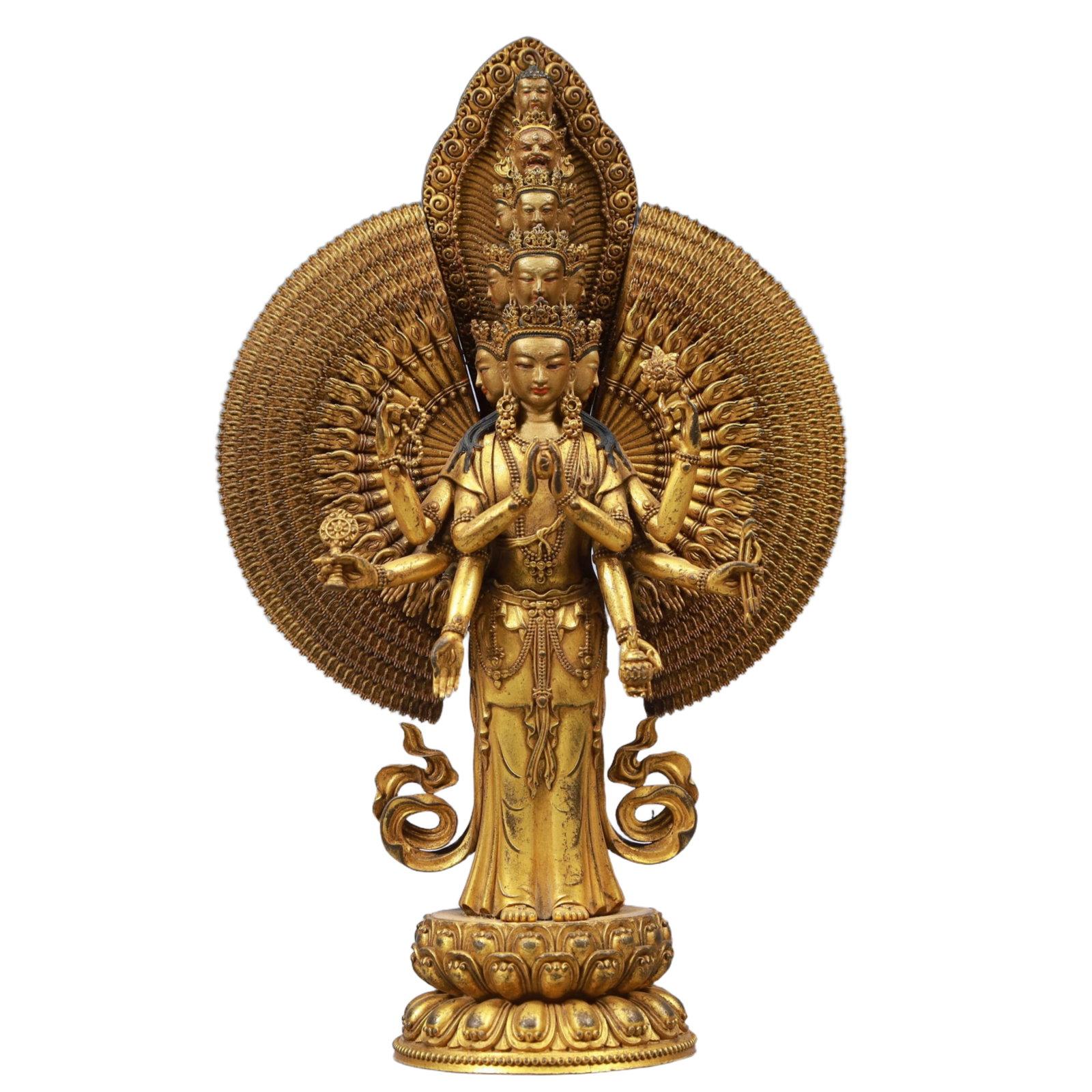 A Solemn Gilt Bronze Statue of Thousand-hand Guanyin: A Solemn Gilt Bronze Statue of Thousand-hand Guanyin, Qing Dynasty, China, Size:5.9inx2.8inx7.9in, Weight:1300g 铜鎏金千手观音像,中国清