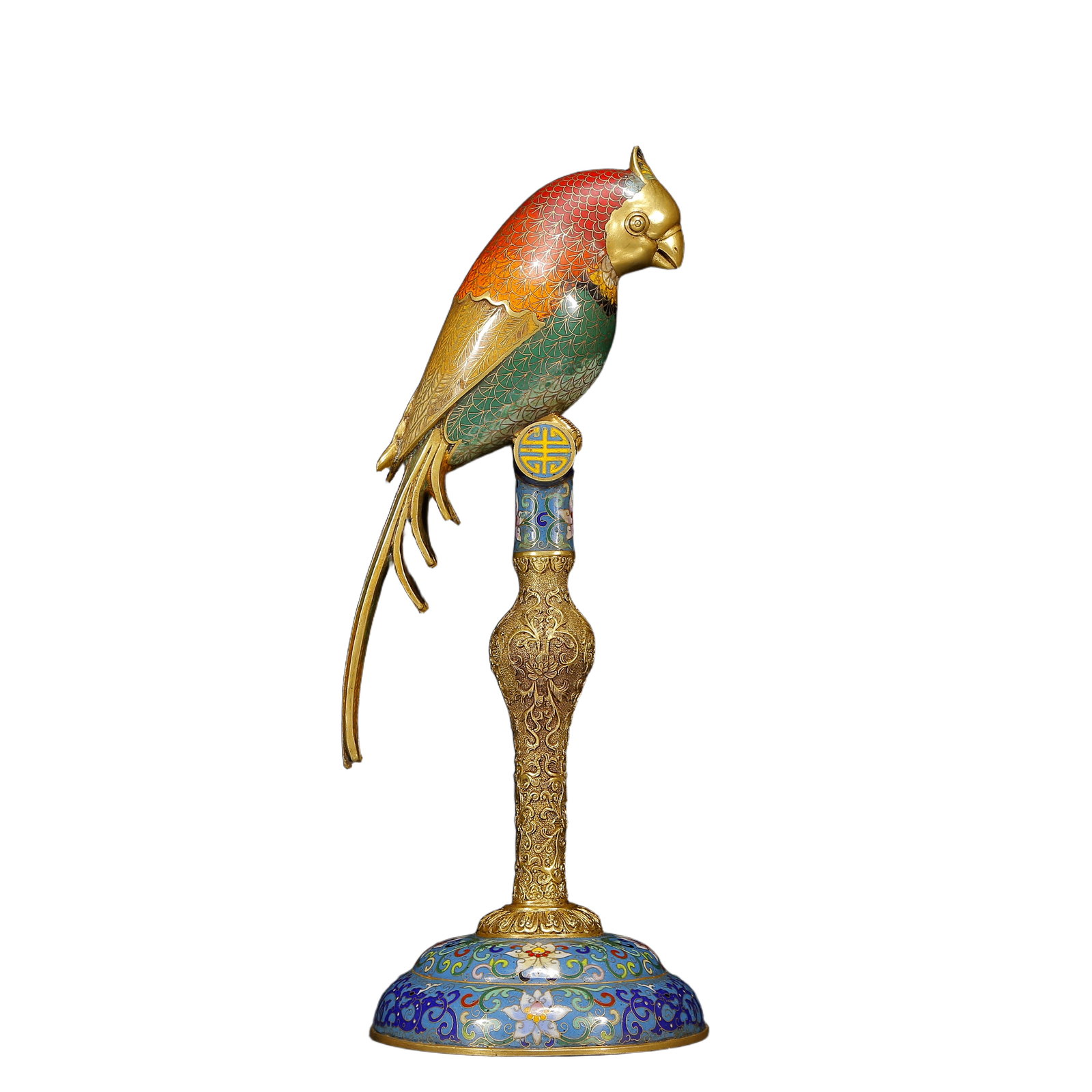 A Rare Cloisonne Parrot Ornament: A Rare Cloisonne Parrot Ornament,Qing Dynasty, China,Qianlong Four-character Mark,Size:5.9inx15.4in,Weight:2735g 景泰蓝鹦鹉摆件，清代，