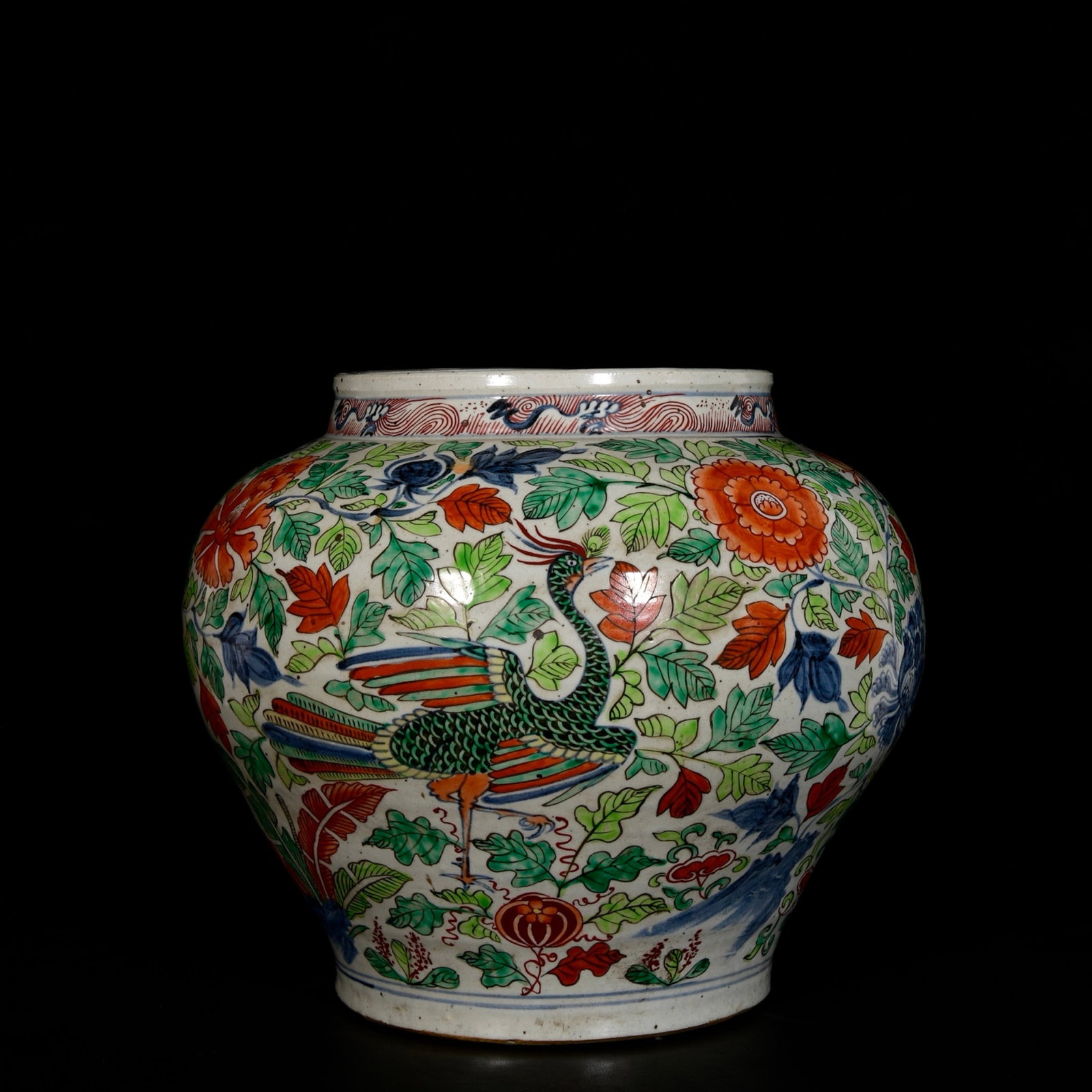 A Rare Wucai Peony and Peacock Pattern Jar: A Rare Wucai Peony and Peacock Pattern Jar,Yuan Dynasty,China,Size:11.8inx14.2in 五彩牡丹孔雀纹罐,中国元代