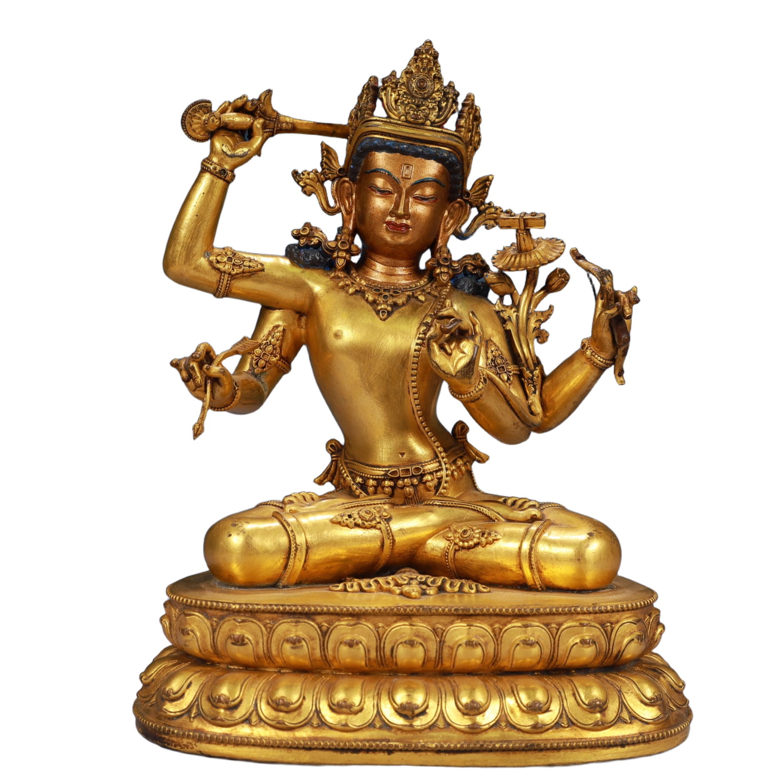 A Solemn Gilt Bronze Statue of Manjusri: A Solemn Gilt Bronze Statue of Manjusri,Qing Dynasty, China,Size:7.1inx5.5inx9.1in,Weight:2350g 铜鎏金文殊菩萨像,中国清代