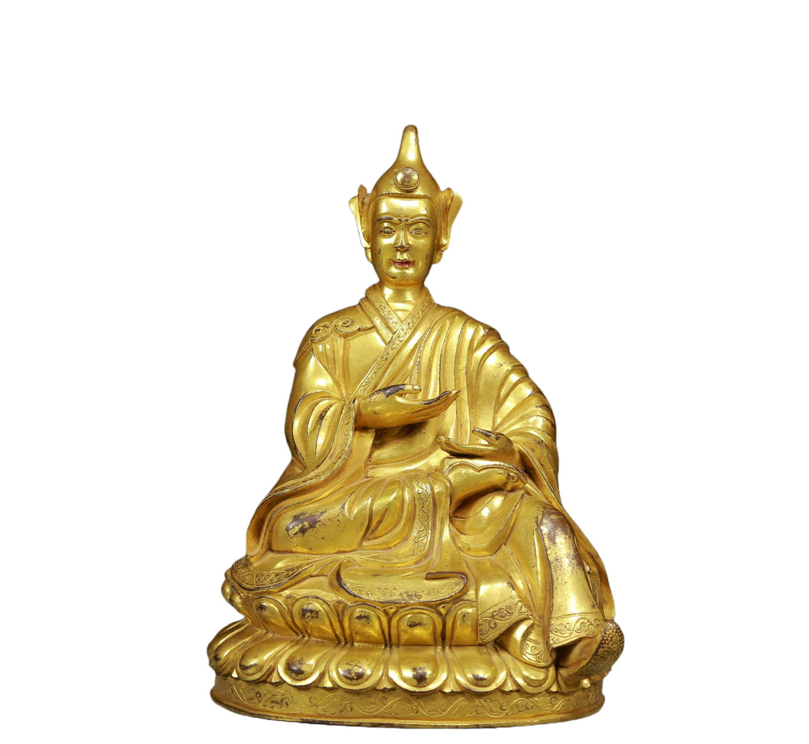 A Solemn Gilt Bronze Statue of Guru: A Solemn Gilt Bronze Statue of Guru,Ming Dynasty, China,Size:4.7inx4.3inx7.1in,Weight:1465g 铜鎏金上师像，明代