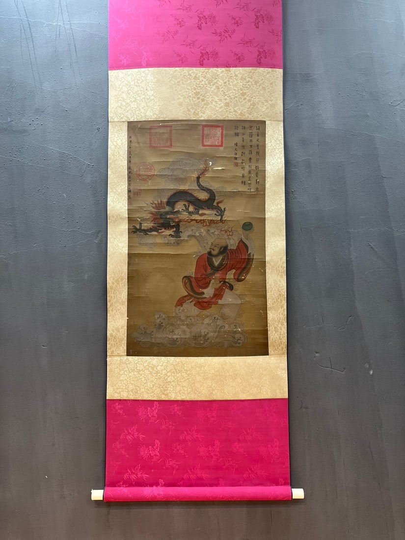 A Chinese Vertical Scroll Ink Painting of Statue of Arhat Dragon on Silk,Li Gonglin: A Chinese Vertical Scroll Ink Painting of Statue of Arhat Dragon on Silk,Li Gonglin,Size:(Without frame)33.1inx19.7in 一幅中国水墨绢本罗汉&#