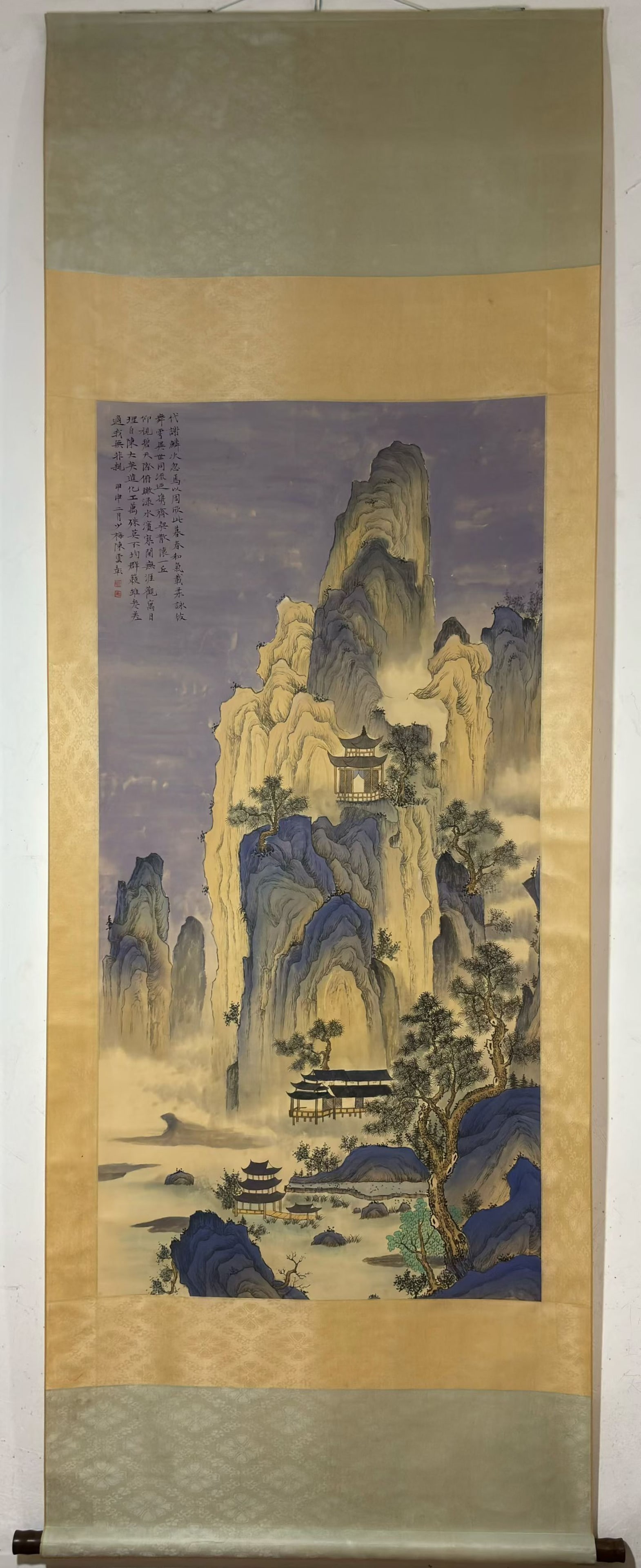 A Chinese Vertical Scroll Ink Painting of Landscape on Paper,Chen Shaomei: A Chinese Vertical Scroll Ink Painting of Landscape on Paper,Chen Shaomei,Size:(Without frame)53.9inx26.8in 一幅中国水墨山水画立轴,