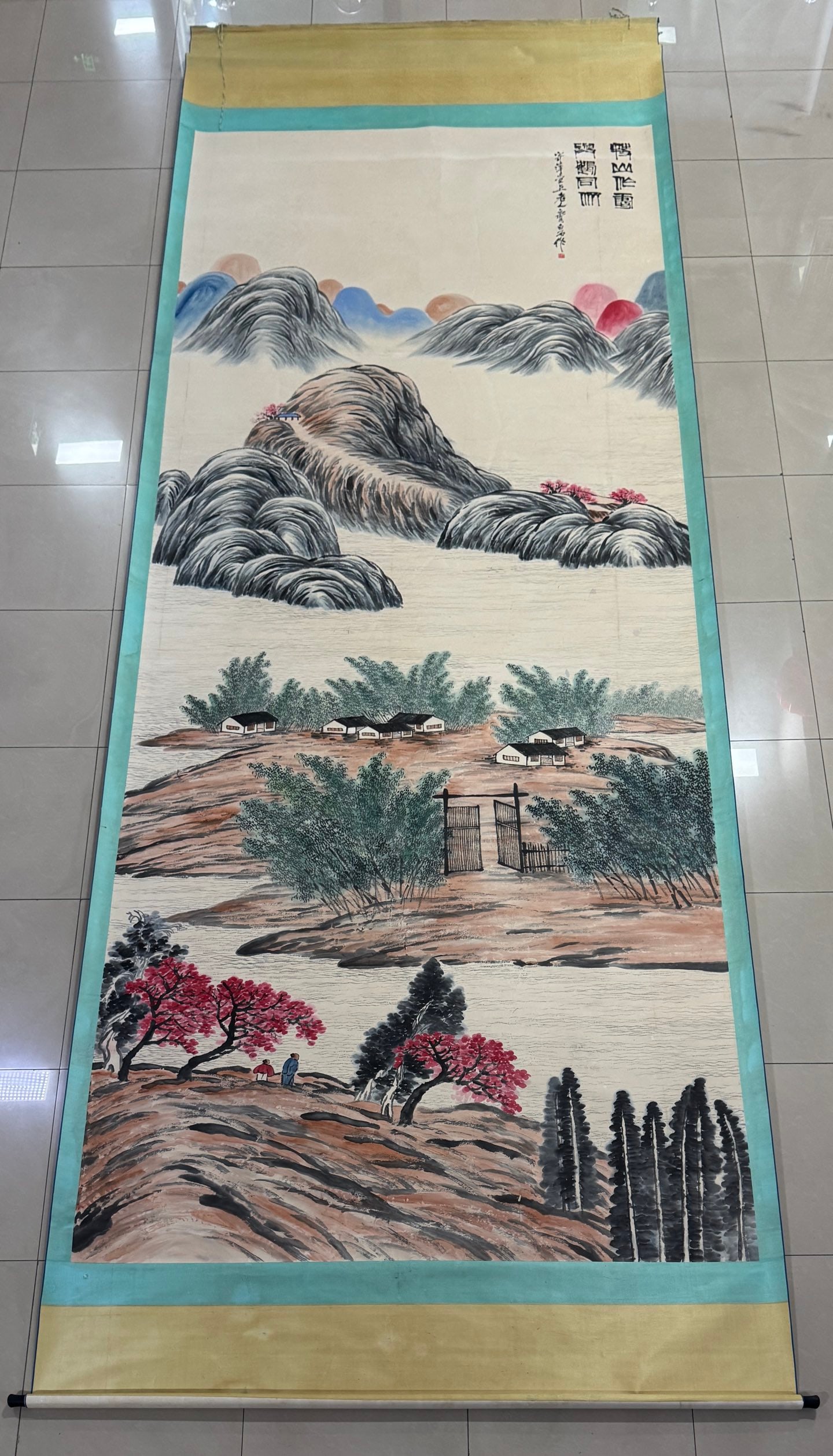 A Chinese Vertical Scroll Ink Painting of Landscape on Paper,Qi Baishi: A Chinese Vertical Scroll Ink Painting of Landscape on Paper,Qi Baishi,Size:78.7inx196.8in 一幅中国水墨山水画立轴,齐白