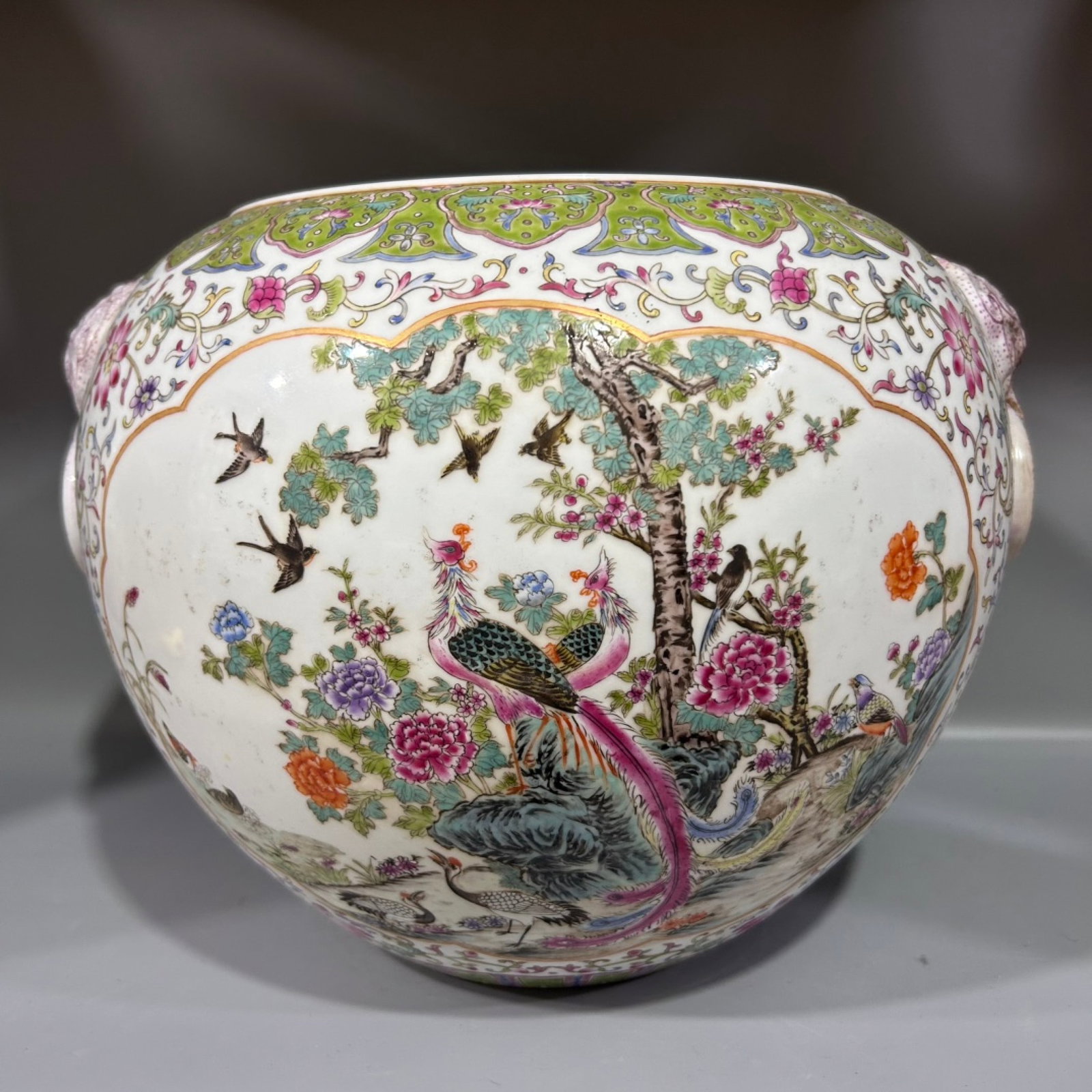 An Exquisite Famille-Rose Flower and Bird Pattern Beast-Ears Water Pot: An Exquisite Famille-Rose Flower and Bird Pattern Beast-Ears Water Pot,Qing Dynasty,China,Qianlong Six-character Mark,Size:11inx11.2in 粉彩花鸟纹兽耳水&