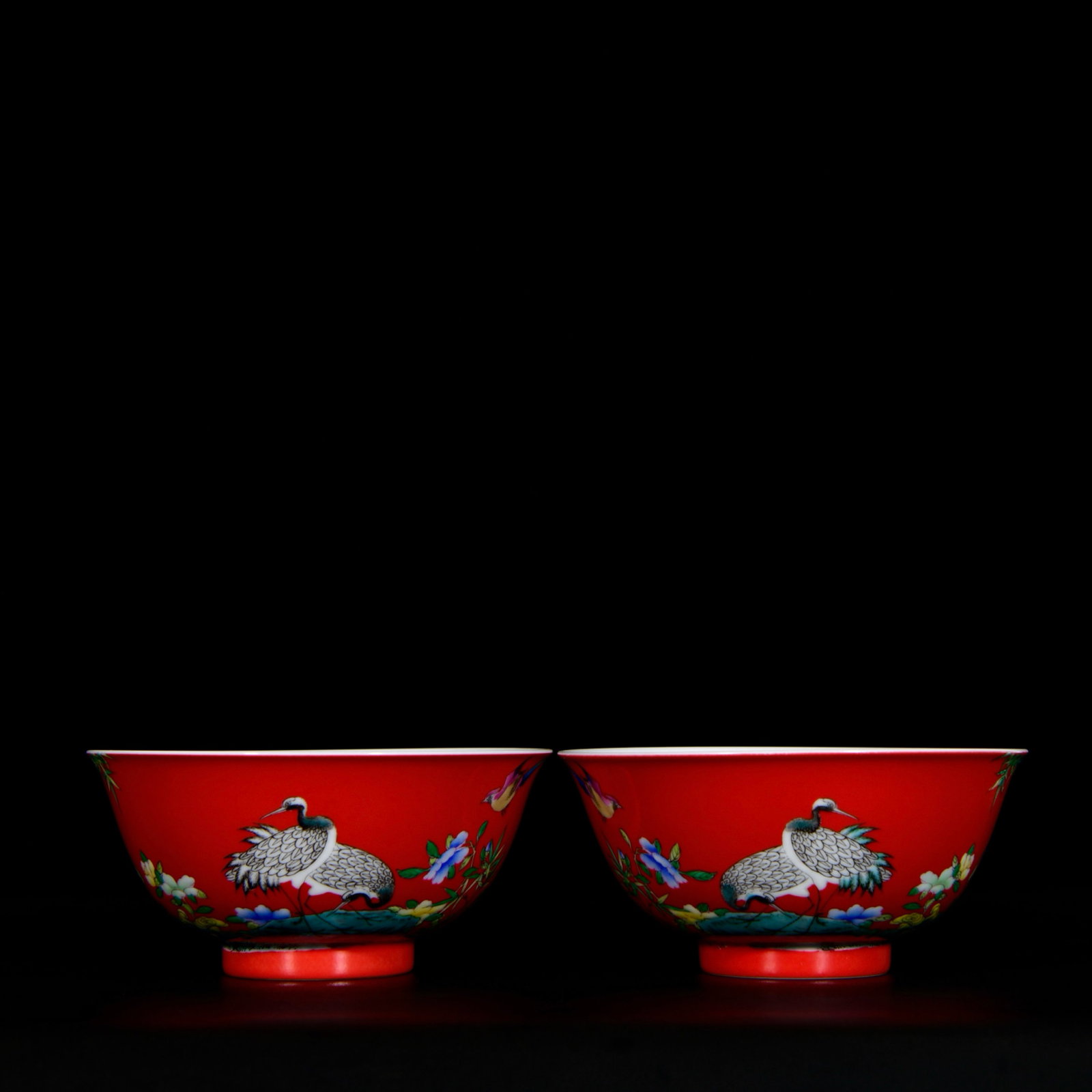 A Pair of Exquisite Red Glazed Enamel Flower and Bird Pattern Bowls,With Poem: A Pair of Exquisite Red Glazed Enamel Flower and Bird Pattern Bowls,With Poem,Qing Dynasty,China,Yongzheng Four-character Mark,Size:2.8inx5.9in 一对红釉珐琅彩
