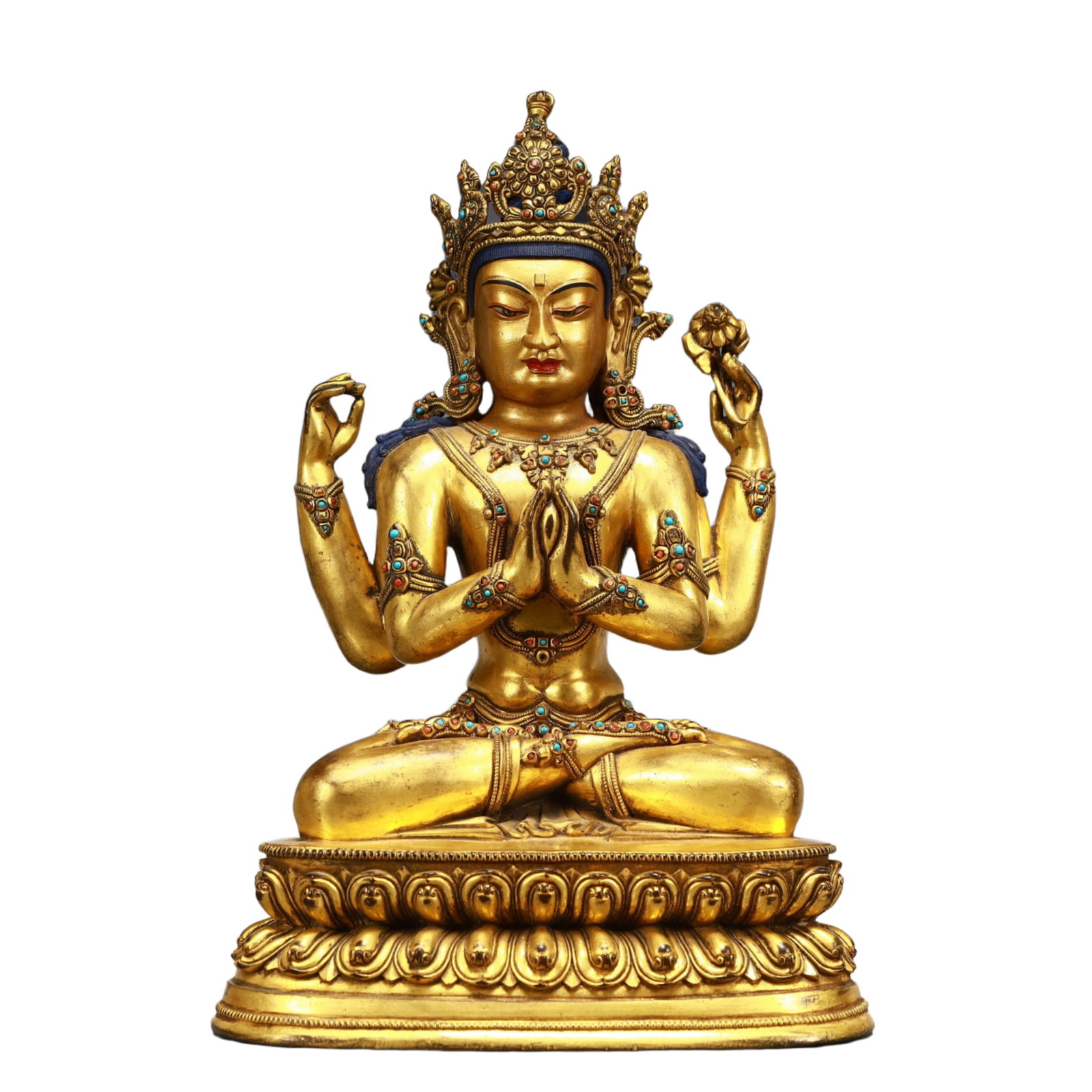 A Solemn Gilt Bronze Statue of Four-arms Guanyin,Inlaid Turquoise: A Solemn Gilt Bronze Statue of Four-arms Guanyin,Inlaid Turquoise,Ming Dynasty, China,Size:8.5inx5.3inx12.8in,Weight:6300g 铜鎏金四臂观音像,嵌 