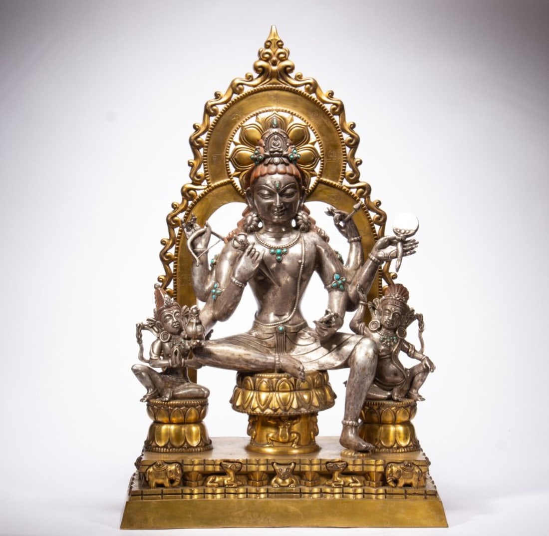 A Solemn Gilt-Silver Bronze Statue of Manjusri,Inlaid Turquoise,With Inscription: A Solemn Gilt-Silver Bronze Statue of Manjusri,Inlaid Turquoise,With Inscription,Ming Dynasty,China,Size:20.5inx9.1inx31.1in 铜鎏金银文殊菩萨像,&#