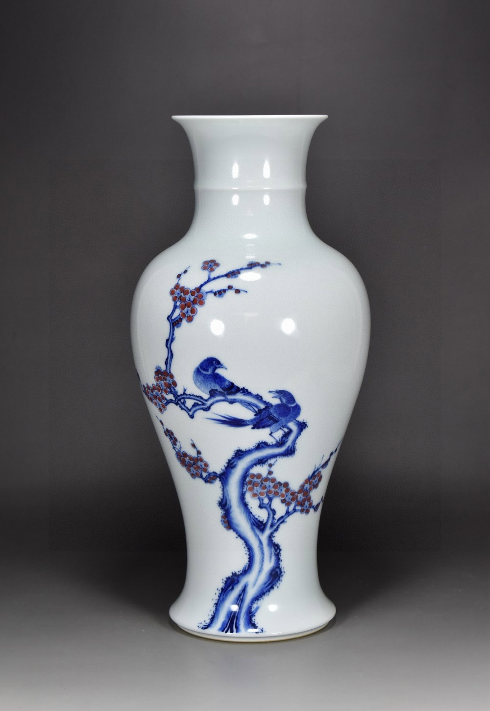 A Rare Blue and White Underglaze-Red Flower and Bird Pattern Vase,With Poem: A Rare Blue and White Underglaze-Red Flower and Bird Pattern Vase,With Poem,Qing Dynasty,China,With Mark,Size:14.2inx6.7in 青花釉里红花鸟纹瓶,