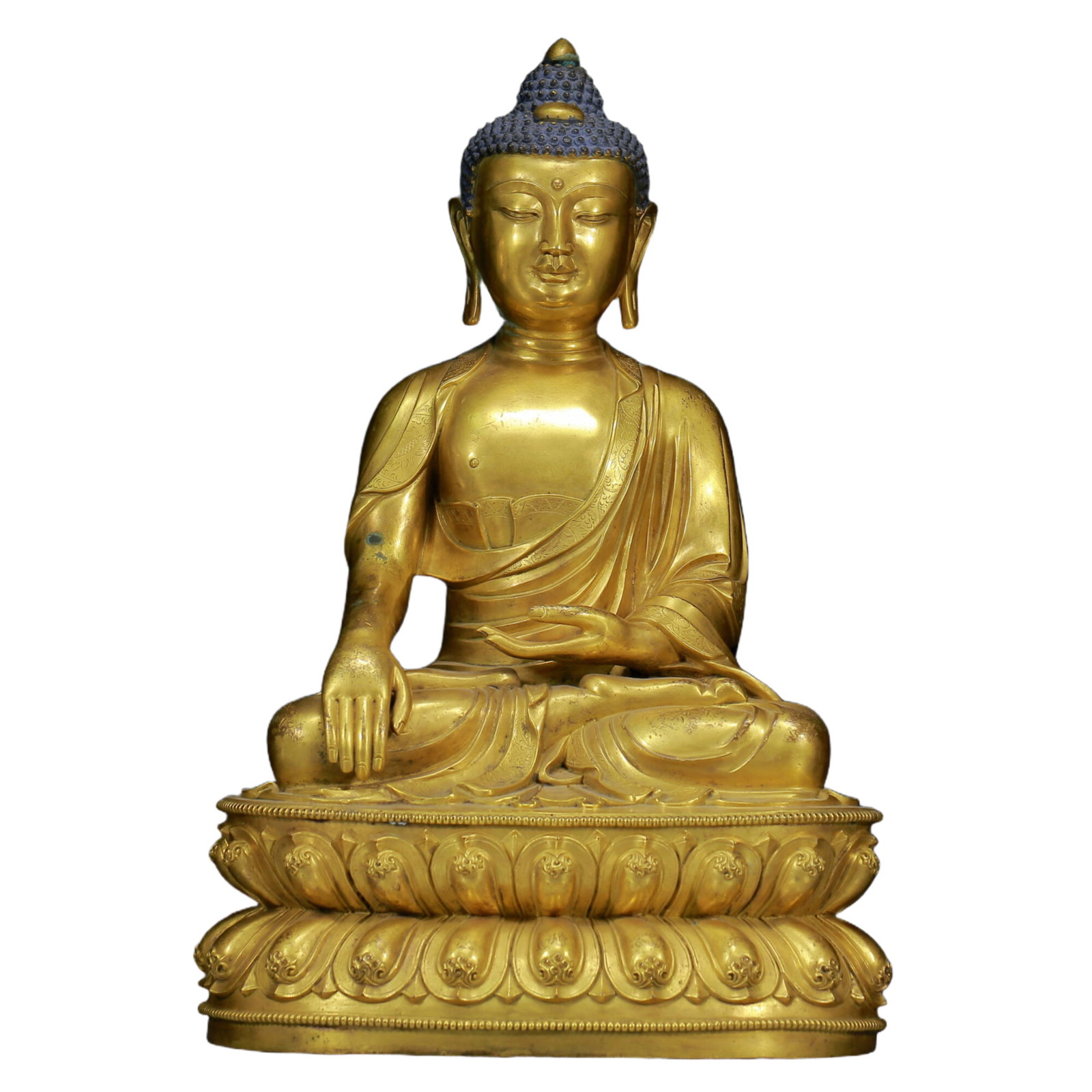 A Solemn Gilt Bronze Statue of Sakyamuni: A Solemn Gilt Bronze Statue of Sakyamuni ,Ming Dynasty, China,Size: 12.6inx9.4inx19.7in,Weight:21320g 铜鎏金释迦摩尼像，明代