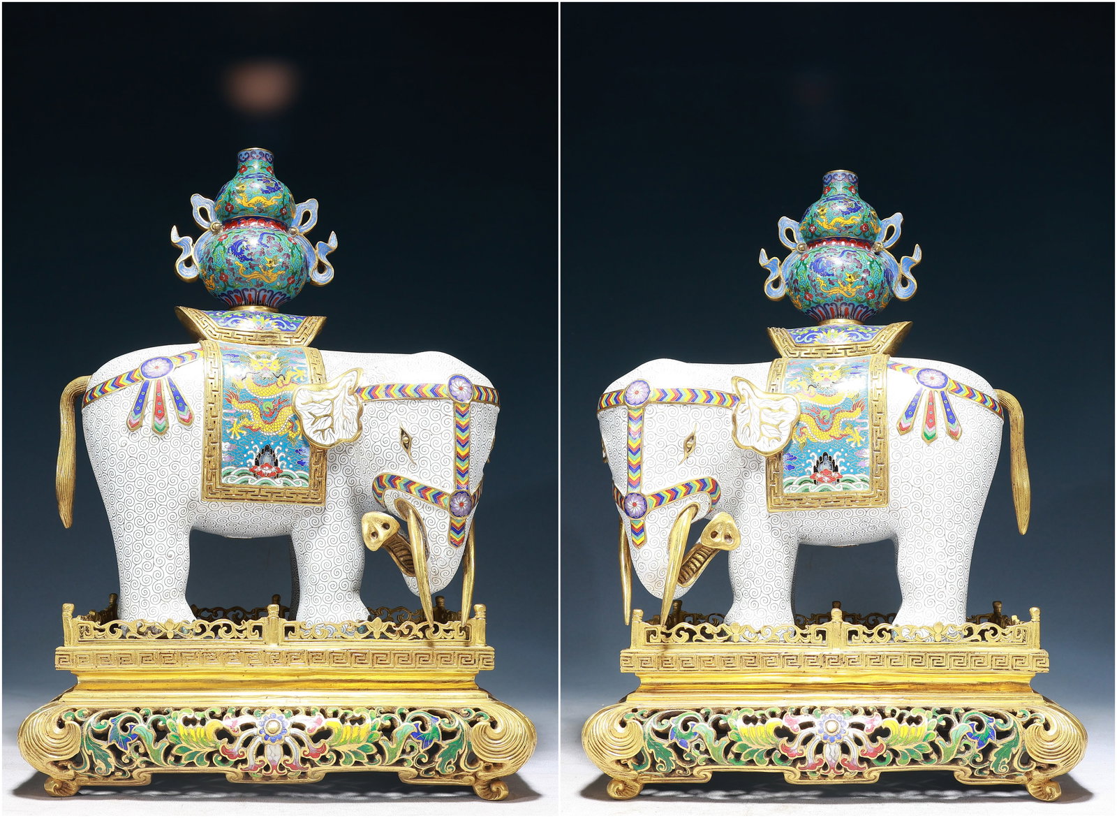 A Pair of Huge Cloisonne Lotus and Dragon Pattern Elephant Ornaments,With Base: A Pair of Huge Cloisonne Lotus and Dragon Pattern Elephant Ornaments,With Base,Qing Dynasty, China,Qianlong Four-character Mark,Size:13inx9.1inx18.1in,Weight:31000g