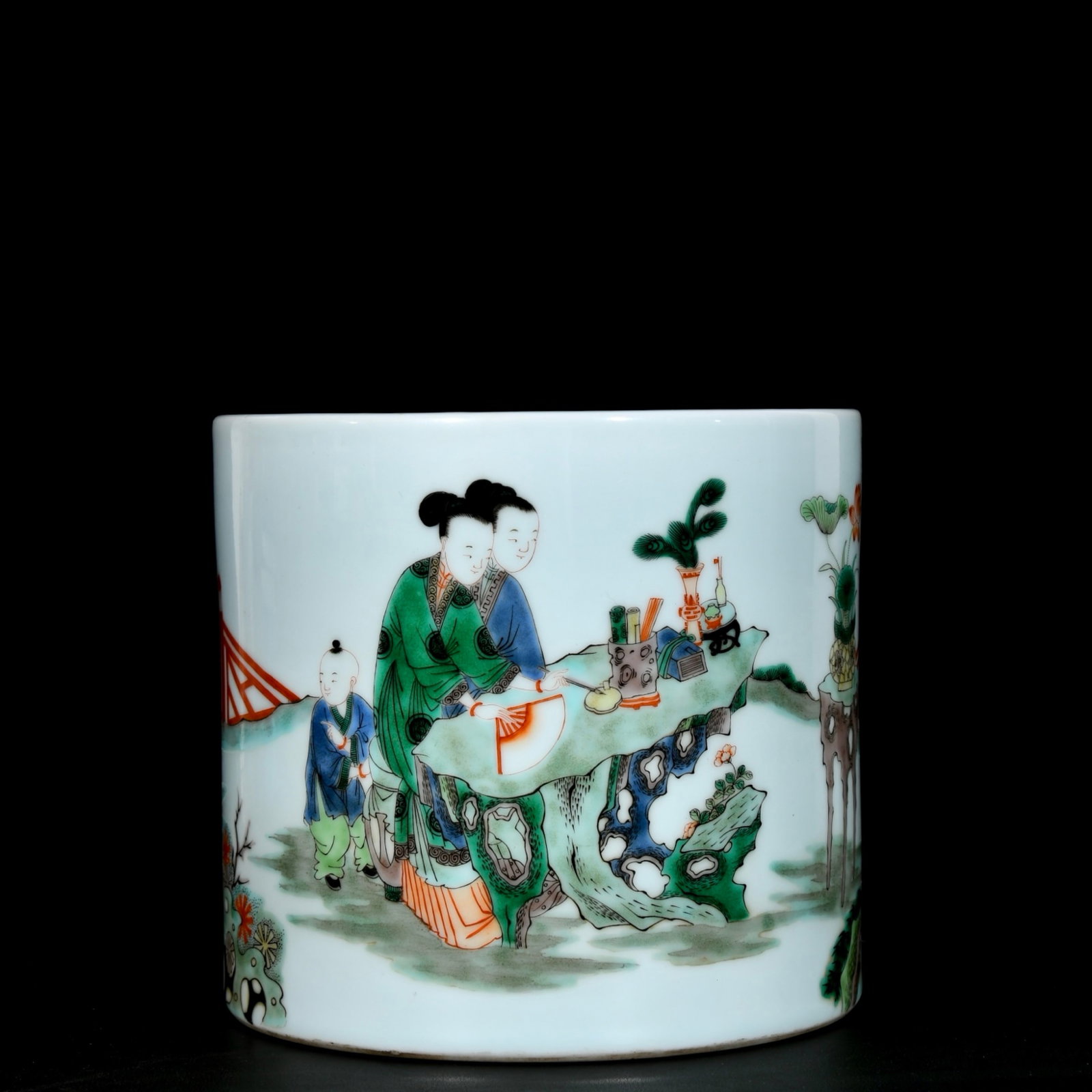 An Exquisite Wucai Character and Story Pattern Brush Pot: An Exquisite Wucai Character and Story Pattern Brush Pot,Qing Dynasty,China,Kangxi Six-character Mark,Size:7.7inx8.5in 五彩人物故事纹笔筒,中
