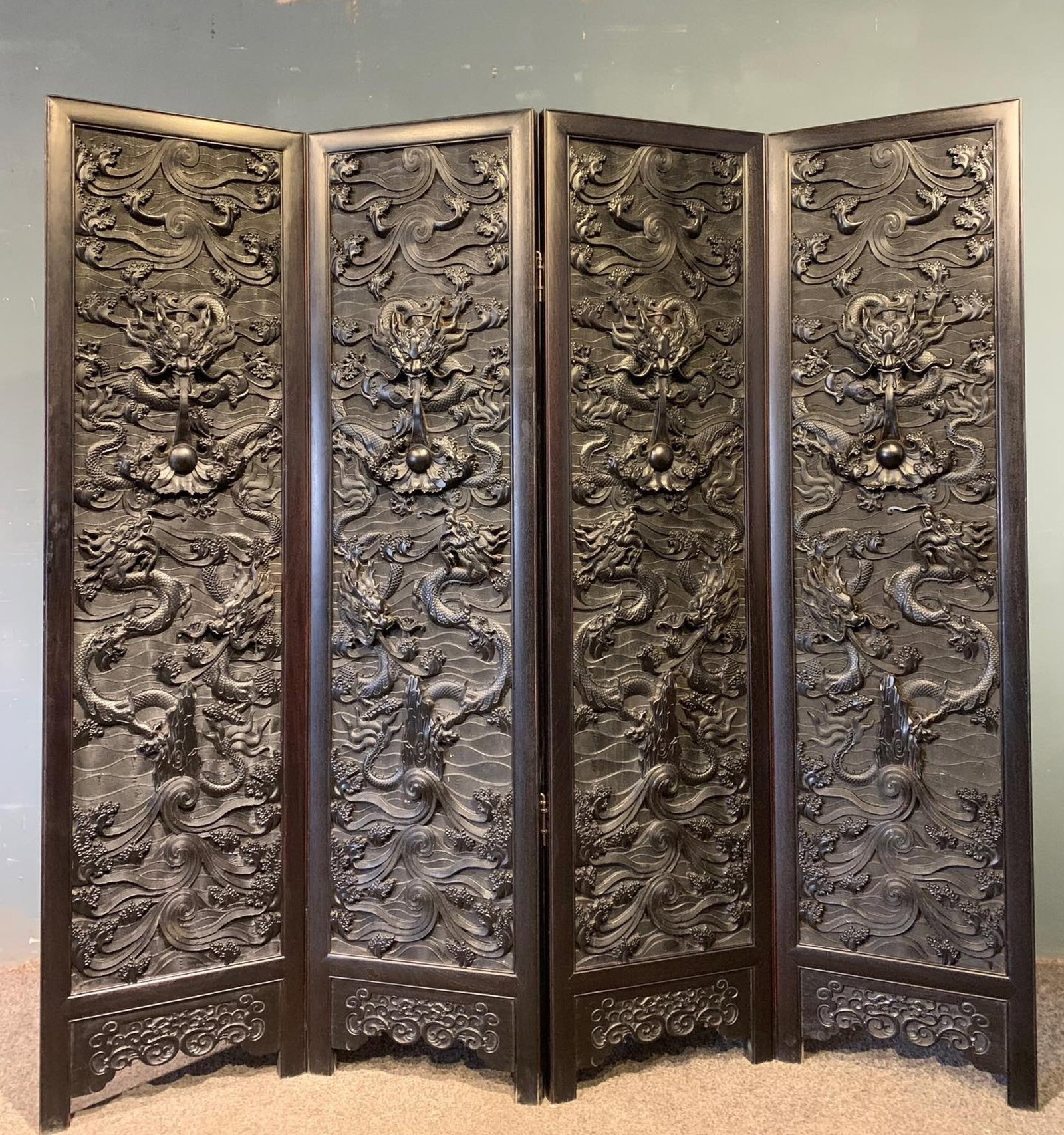 A Huge Zitanwood Seawater and Dragon Pattern Screen: A Huge Zitanwood Seawater and Dragon Pattern Screen,Qing Dynasty, China,Size:73.2inx78.7in 紫檀木海水龙纹屏风,中国清代