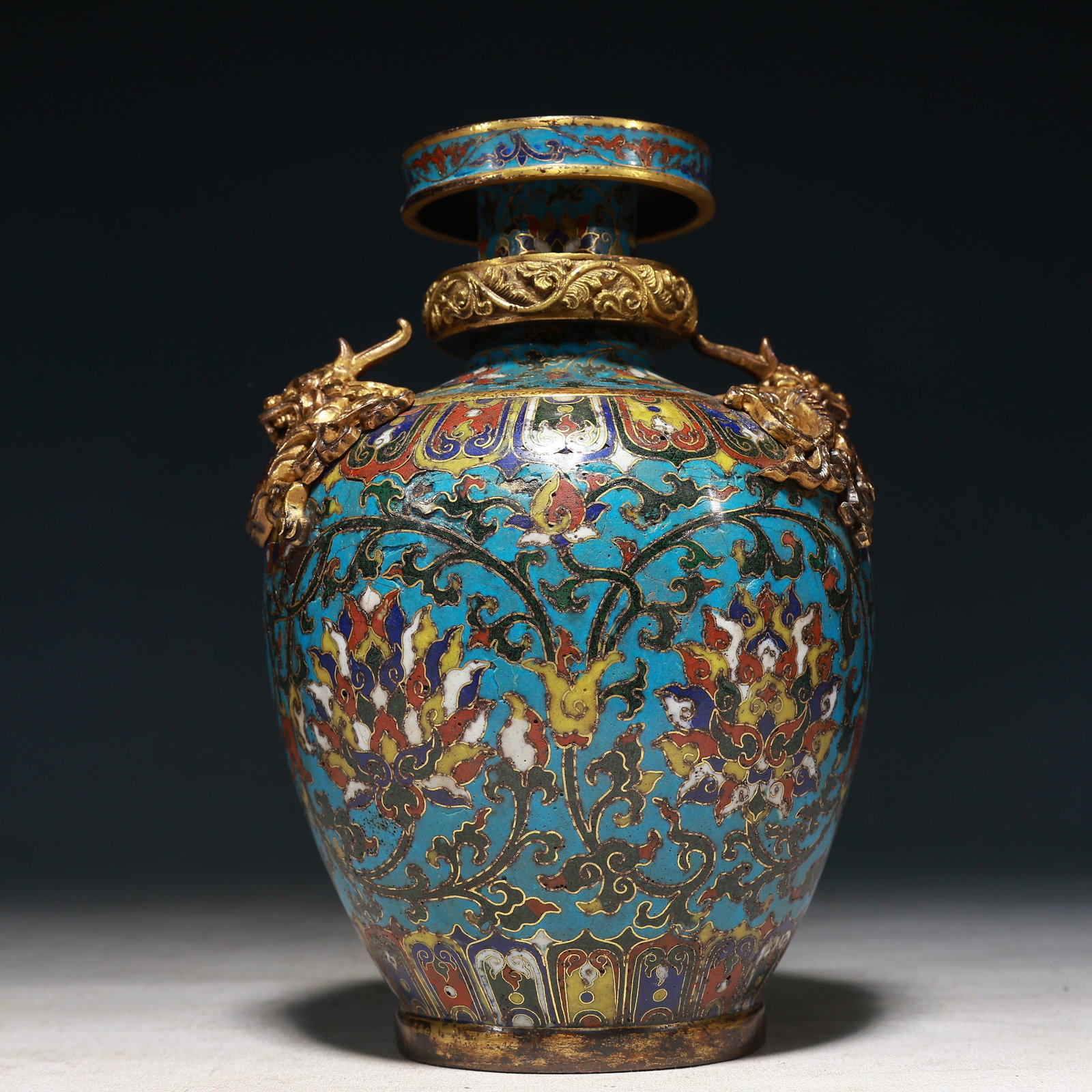 An Exquisite Cloisonne Lotus Pattern Dragon-Ears Vase: An Exquisite Cloisonne Lotus Pattern Dragon-Ears Vase,Ming Dynasty, China,Jingtai Six-character Mark,Size:5.1inx7.5in,Weight:1250g