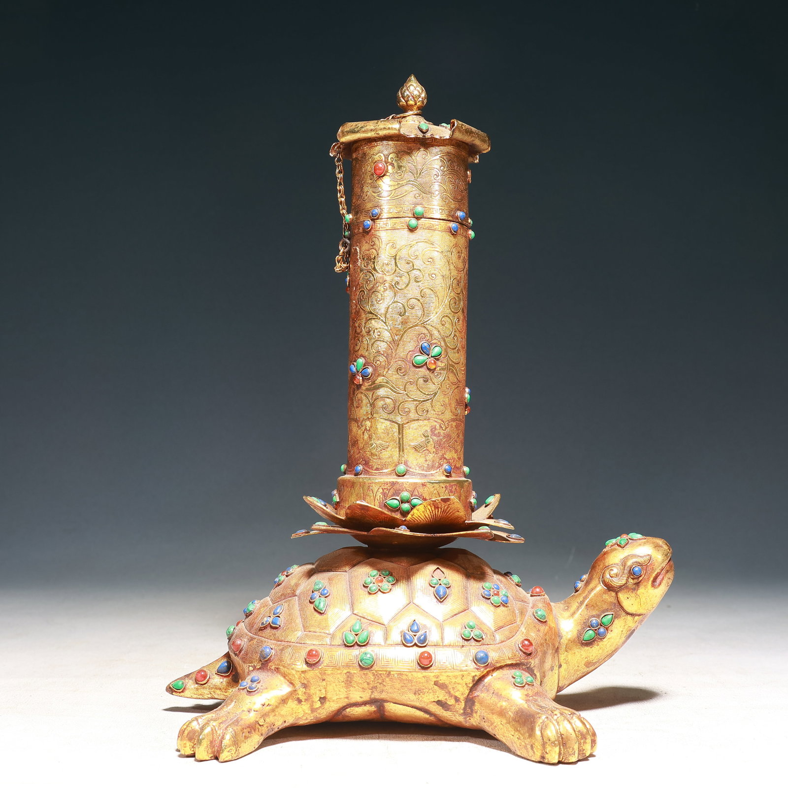 A Rare Gilt Bronze Phoenix Pattern Turtle-Shaped Ornament,Inlaid Lapis Lazuli and Turquoise: A Rare Gilt Bronze Phoenix Pattern Turtle-Shaped Ornament,Inlaid Lapis Lazuli and Turquoise,Qing Dynasty, China,Size:9.8inx7.5inx12.6in,Weight:1950g