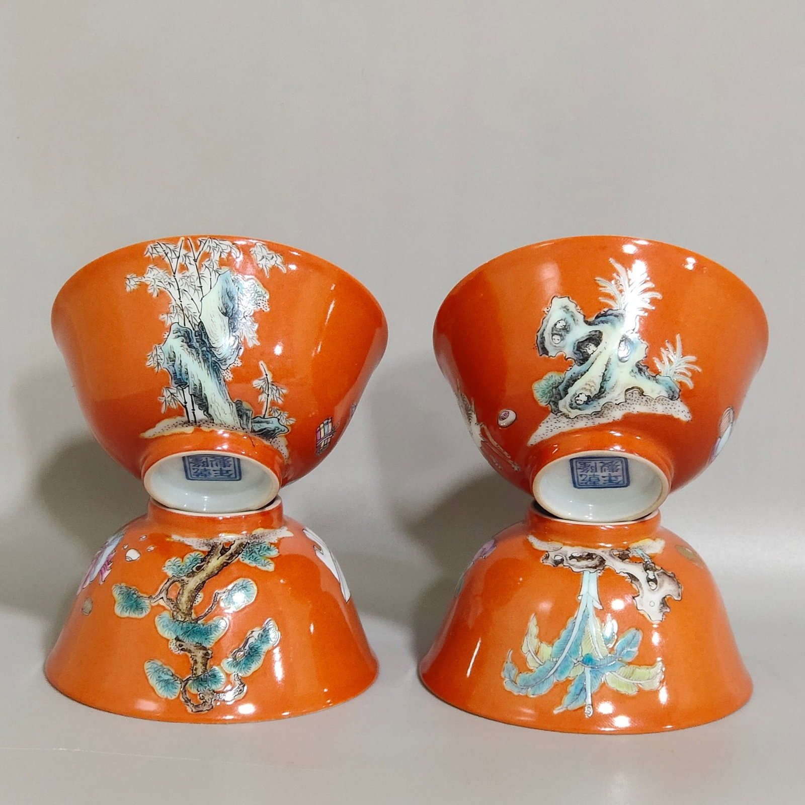 A Set of Fine Coral Red Glazed Famille-Rose Figure Pattern Cups: A Set of Fine Coral Red Glazed Famille-Rose Figure Pattern Cups,Qing Dynasty,China,Qianlong Four-character Mark,Size:1.5inx2.8in