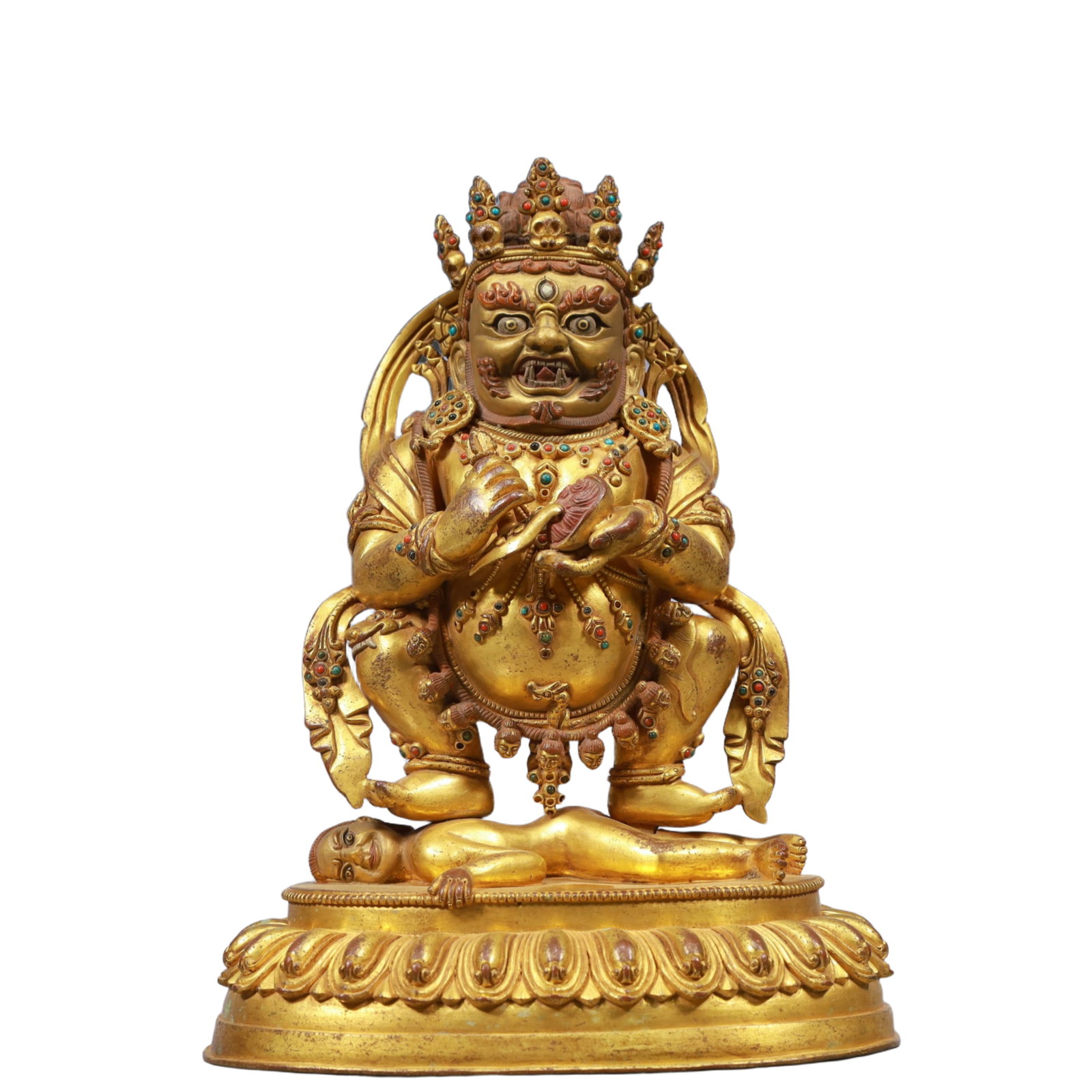 A Solemn Gilt Bronze Statue of Mammon, Inlaid Gems: A Solemn Gilt Bronze Statue of Mammon, Inlaid Gems, Qing Dynasty, China, Size:7.9inx5.5inx10.2in, Weight:3200g