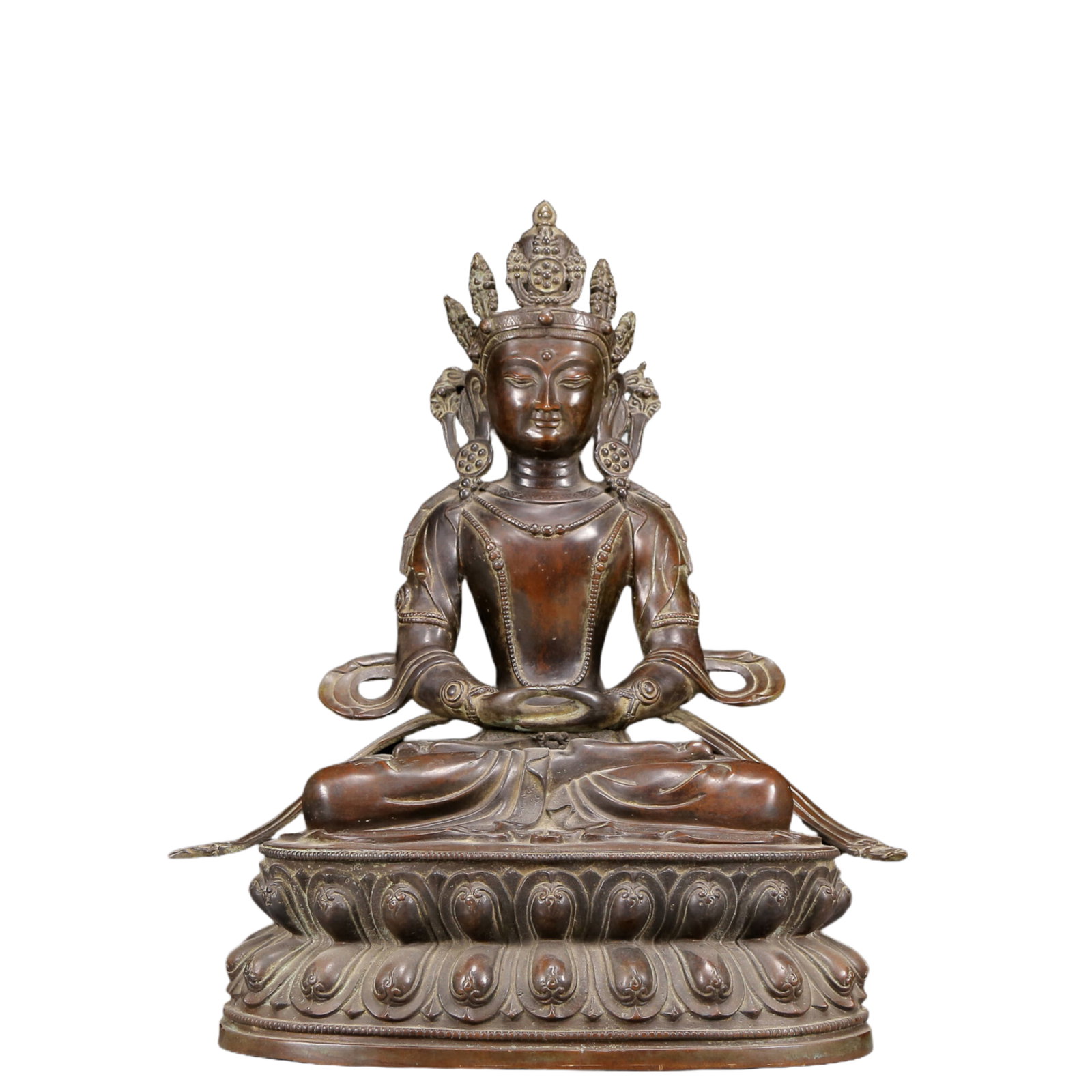 A Solemn Bronze Statue of Amitayus: A Solemn Bronze Statue of Amitayus,Ming Dynasty, China,Xuande Six-character Mark,Size:17.7inx11.4inx21.7in,Weight:20615g