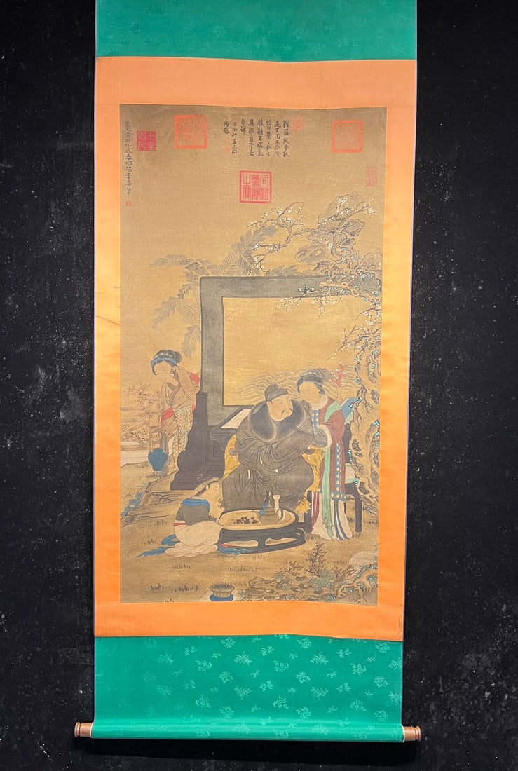 A Chinese Vertical Scroll Ink Painting of Character and Story on Silk,Li Tang: A Chinese Vertical Scroll Ink Painting of Character and Story on Silk,Li Tang,Size:(Without frame)50.4inx26.4in 一幅中国水墨绢本人物故