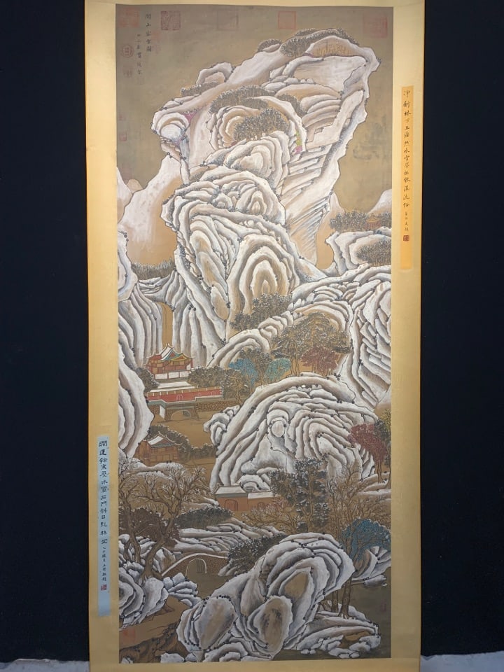A Chinese Vertical Scroll Ink Painting of Landscape on Silk,Lin Guandao: A Chinese Vertical Scroll Ink Painting of Landscape on Silk,Lin Guandao,Size:(Without frame)78.7inx33.1in 一幅中国水墨绢本山水画ే