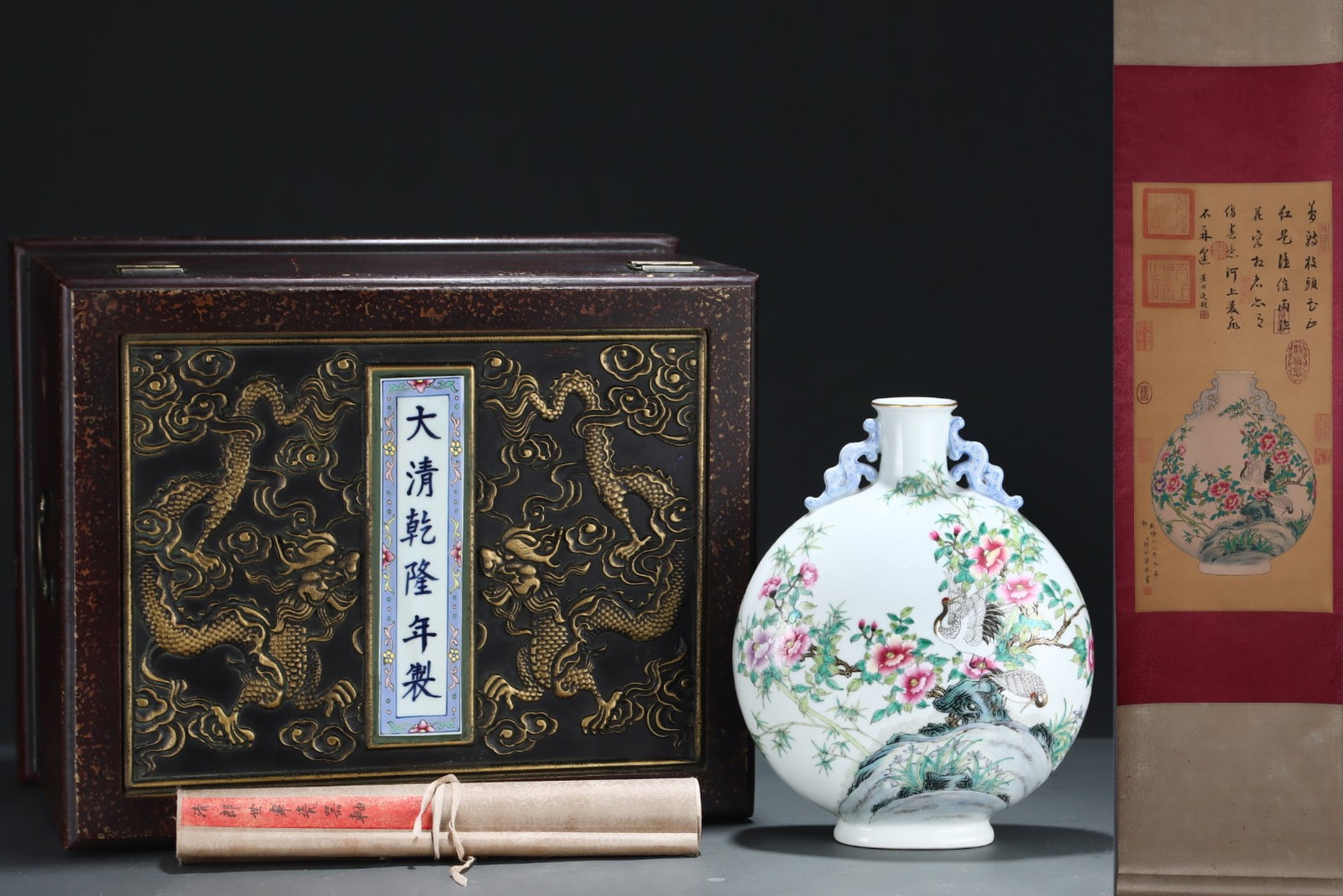 A Rare Famille-Rose Painted Gold Flower and Bird Pattern Double-Ears Vase,With Poem,With Vertical: A Rare Famille-Rose Painted Gold Flower and Bird Pattern Double-Ears Vase,With Poem,With Vertical Scroll Painting on Silk,Qing Dynasty, China,Yongzheng Six-character Mark,Size:12.4inx10in,(Without fra