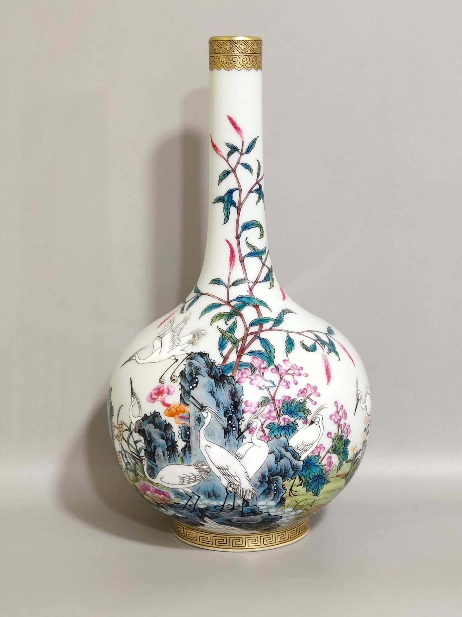 An Exquisite Famille-Rose Painted Gold Flower and Bird Pattern Vase,With Poem: An Exquisite Famille-Rose Painted Gold Flower and Bird Pattern Vase,With Poem,Qing Dynasty,China,Yongzheng Six-character Mark,Size:9.1inx4.5in 粉彩描金花鸟纹&