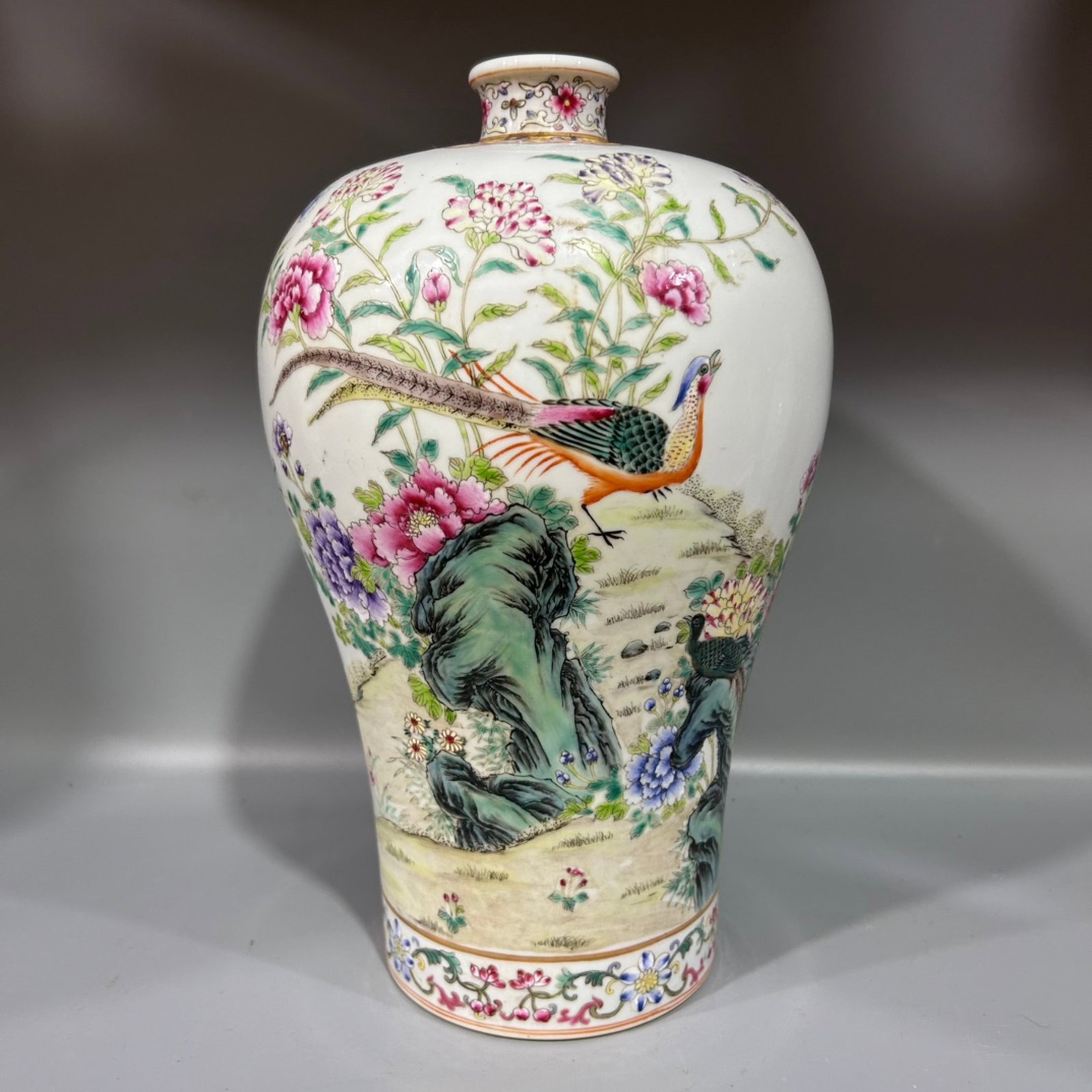 A Rare Famille-Rose Flower and Bird Pattern Vase,With Poem: A Rare Famille-Rose Flower and Bird Pattern Vase,With Poem,Qing Dynasty,China,Yongzheng Six-character Mark,Size:5.9inx12.6in 粉彩花鸟纹瓶,带诗文,&