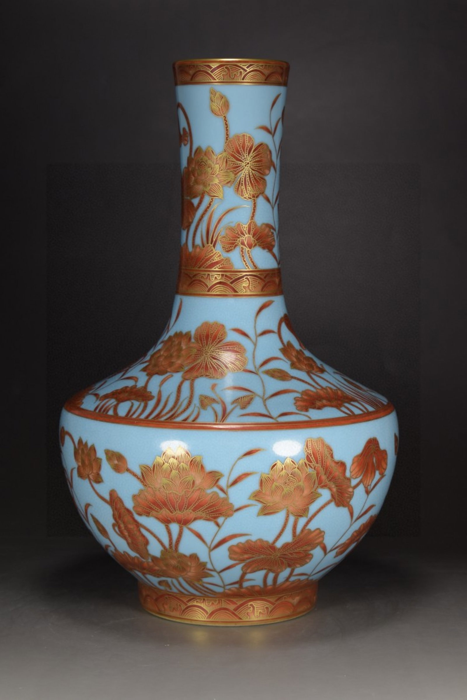 A Rare Sky Blue Glazed Iron-Red Color Painted Gold Lotus Pattern Vase: A Rare Sky Blue Glazed Iron-Red Color Painted Gold Lotus Pattern Vase,Qing Dynasty,China,Qianlong Six-character Mark,Size:13.8inx9.1in 天青釉矾红彩描金&