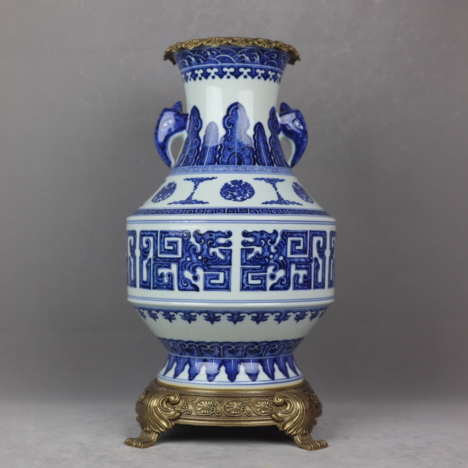 A Huge Blue and White Inlaid Bronze Chi-Dragon Pattern Elephant-Ears Vase: A Huge Blue and White Inlaid Bronze Chi-Dragon Pattern Elephant-Ears Vase,Qing Dynasty,China,Qianlong Six-character Mark,Size:16.3inx6.3inx9.1inx8.3in 青花镶铜螭龙&