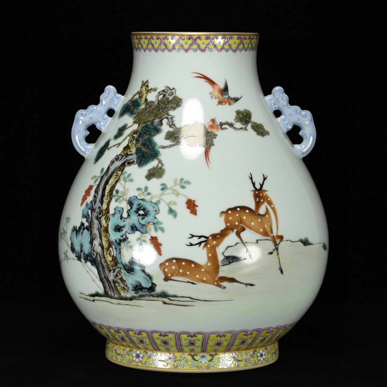 A Rare Guan yao Enamel Flower Bird,Pine and Deer Pattern Double-Ears Vase: A Rare Guan yao Enamel Flower Bird,Pine and Deer Pattern Double-Ears Vase,Qing Dynasty,China,Yongzheng Six-character Mark,Size:13inx11in 官窑珐琅彩花鸟松
