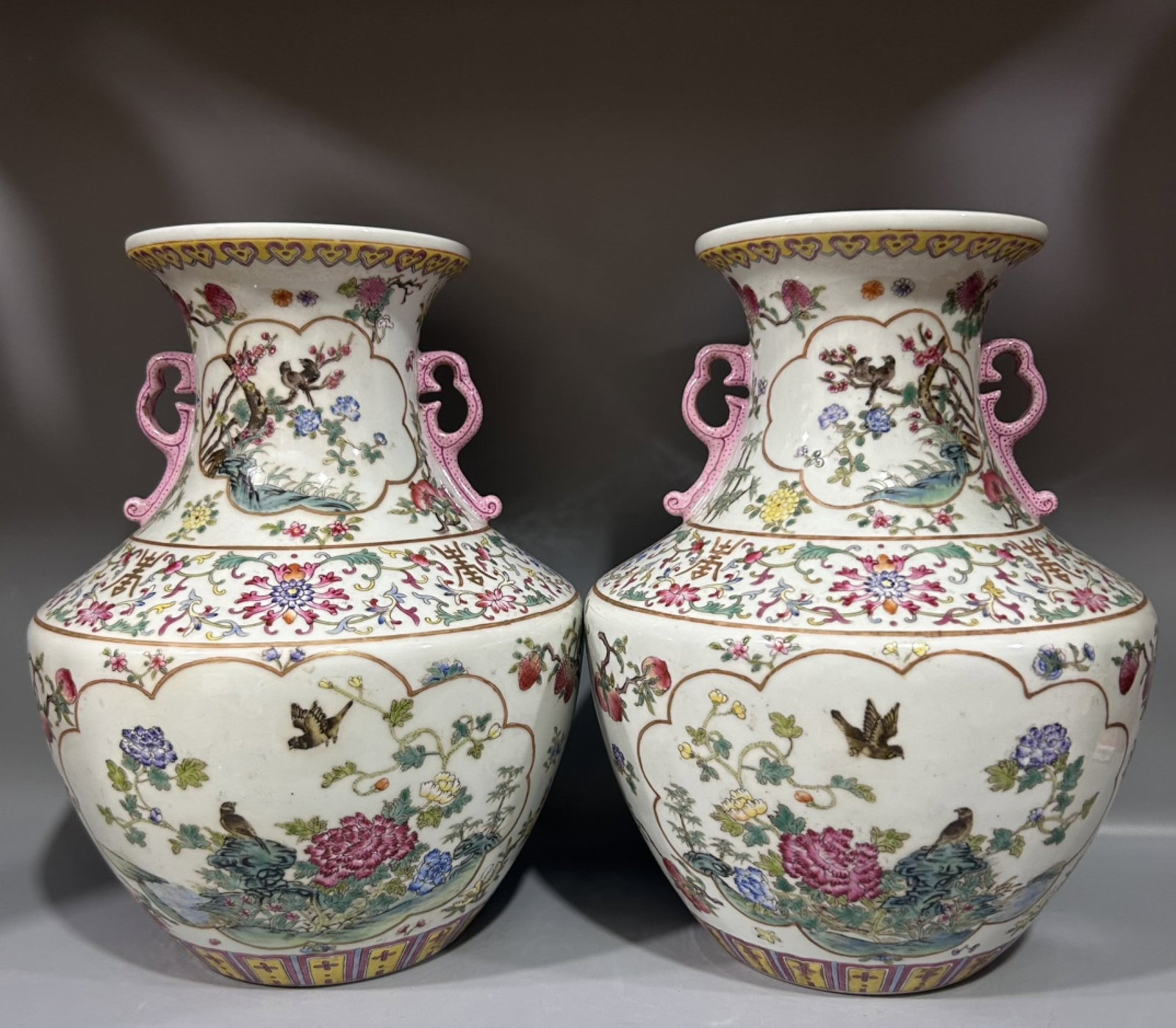 A Pair of Rare Famille-Rose Flower and Bird Pattern Double-Ears Vases: A Pair of Rare Famille-Rose Flower and Bird Pattern Double-Ears Vases,Qing Dynasty,China,Qianlong Six-character Mark,Size:8.3inx13in 一对粉彩花鸟纹双