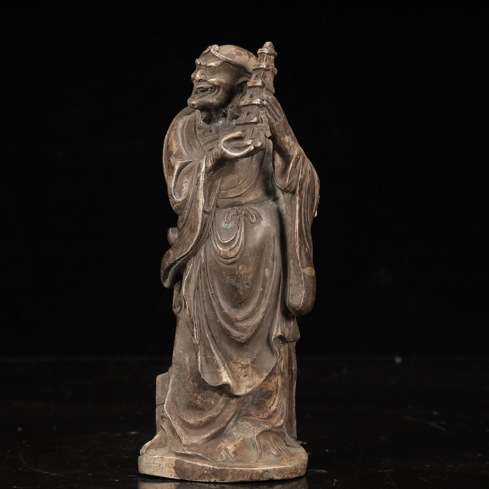An Exquisite Silver-Plated Bronze Figure Ornament: An Exquisite Silver-Plated Bronze Figure Ornament,Ming Dynasty, China,Xuande Six-character Mark,Size:2.8inx2.4inx6.7in,Weight:750g 铜镀银人物摆件,中