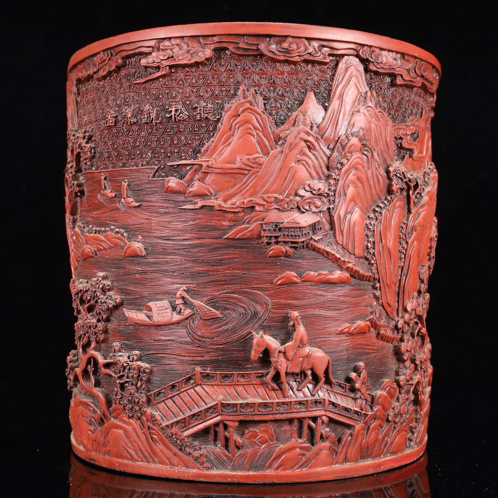 An Exquisite Carved Red Lacquer Landscape Pattern Brush Pot: An Exquisite Carved Red Lacquer Landscape Pattern Brush Pot,Qing Dynasty, China,Qianlong Four-character Mark,Size:10.2inx6.1in,Weight:5250g 剔红漆器山水纹