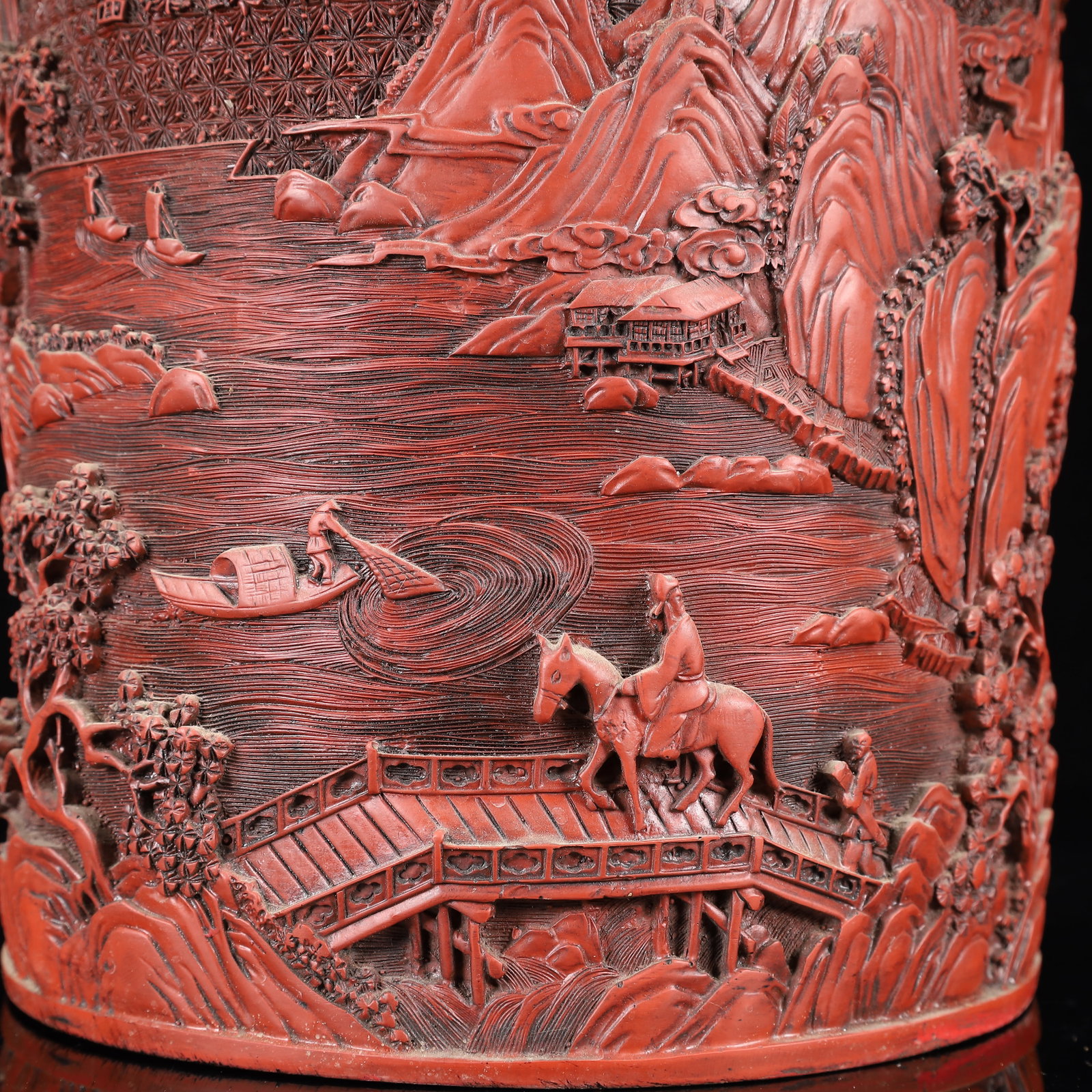 An Exquisite Carved Red Lacquer Landscape Pattern Brush Pot - 3