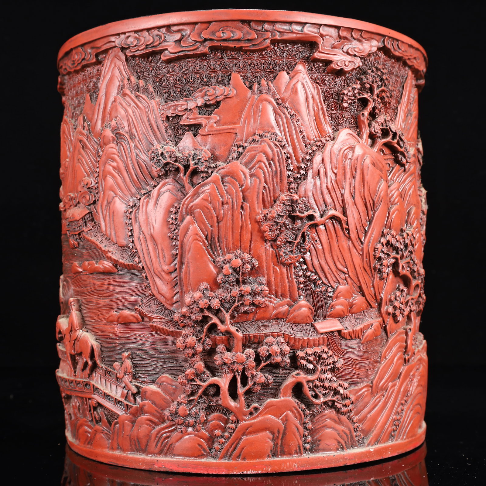 An Exquisite Carved Red Lacquer Landscape Pattern Brush Pot - 4