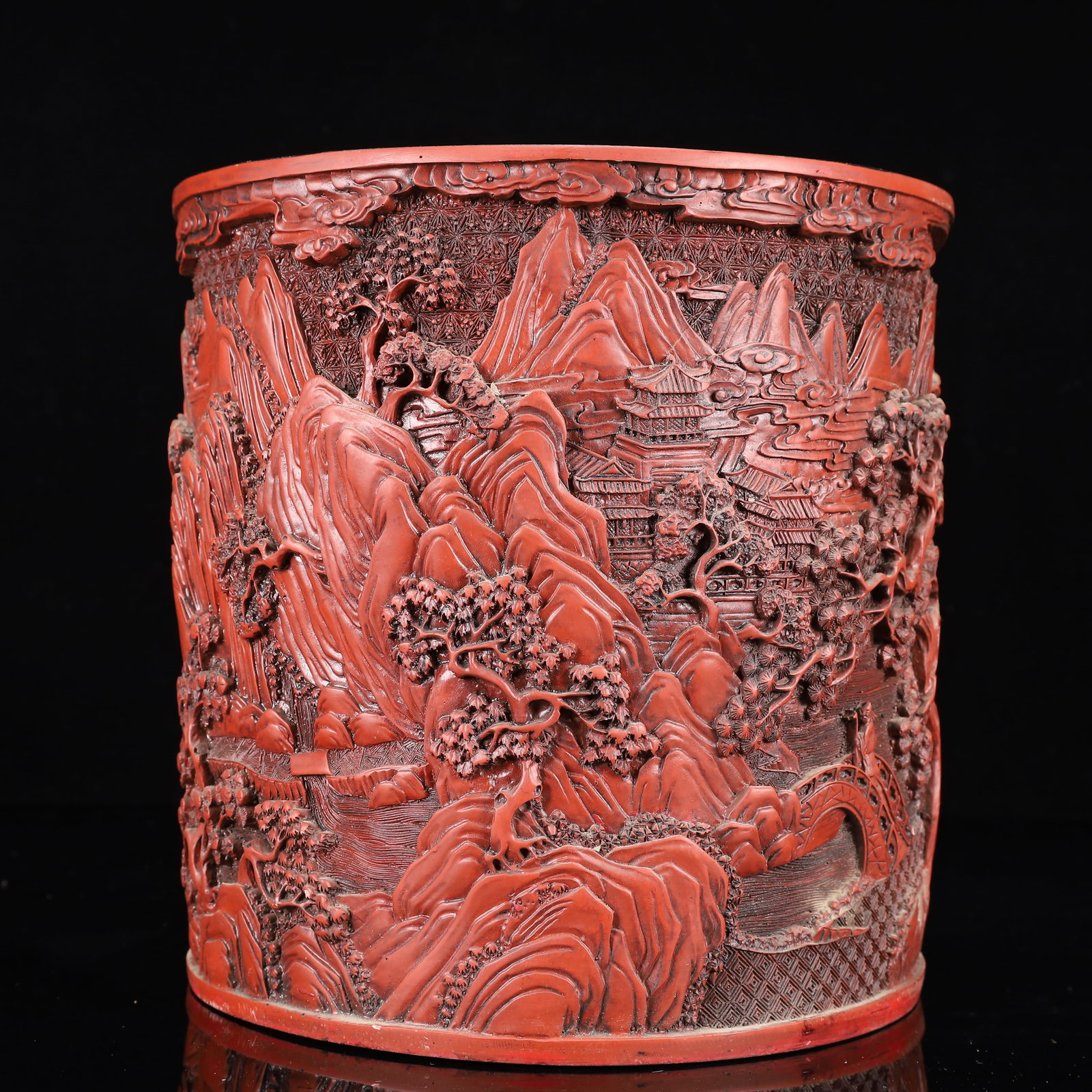 An Exquisite Carved Red Lacquer Landscape Pattern Brush Pot - 5