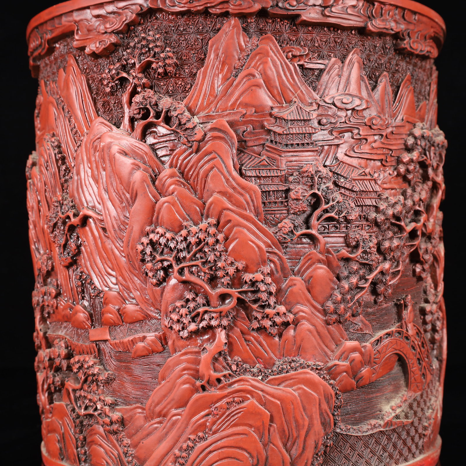 An Exquisite Carved Red Lacquer Landscape Pattern Brush Pot - 6